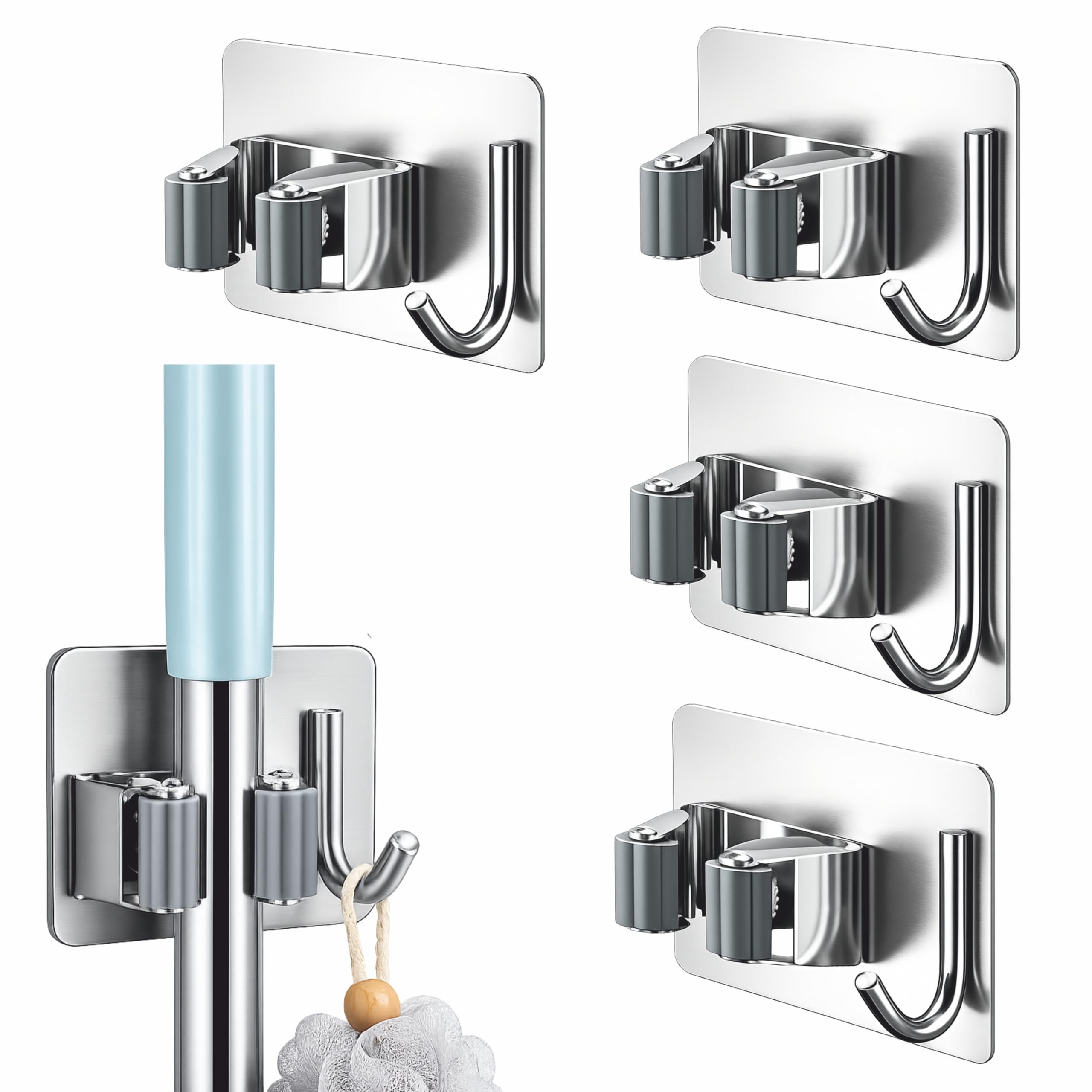 JIALTO 4 Pcs Adhesive Mop Holder and Broom Holder Wall Mounted Stainless Steel | Heavy Duty Mop & Broom Organizer with Hooks | Adhesive Storage Rack for Kitchen, Bathroom & Garage (Silver, 4)