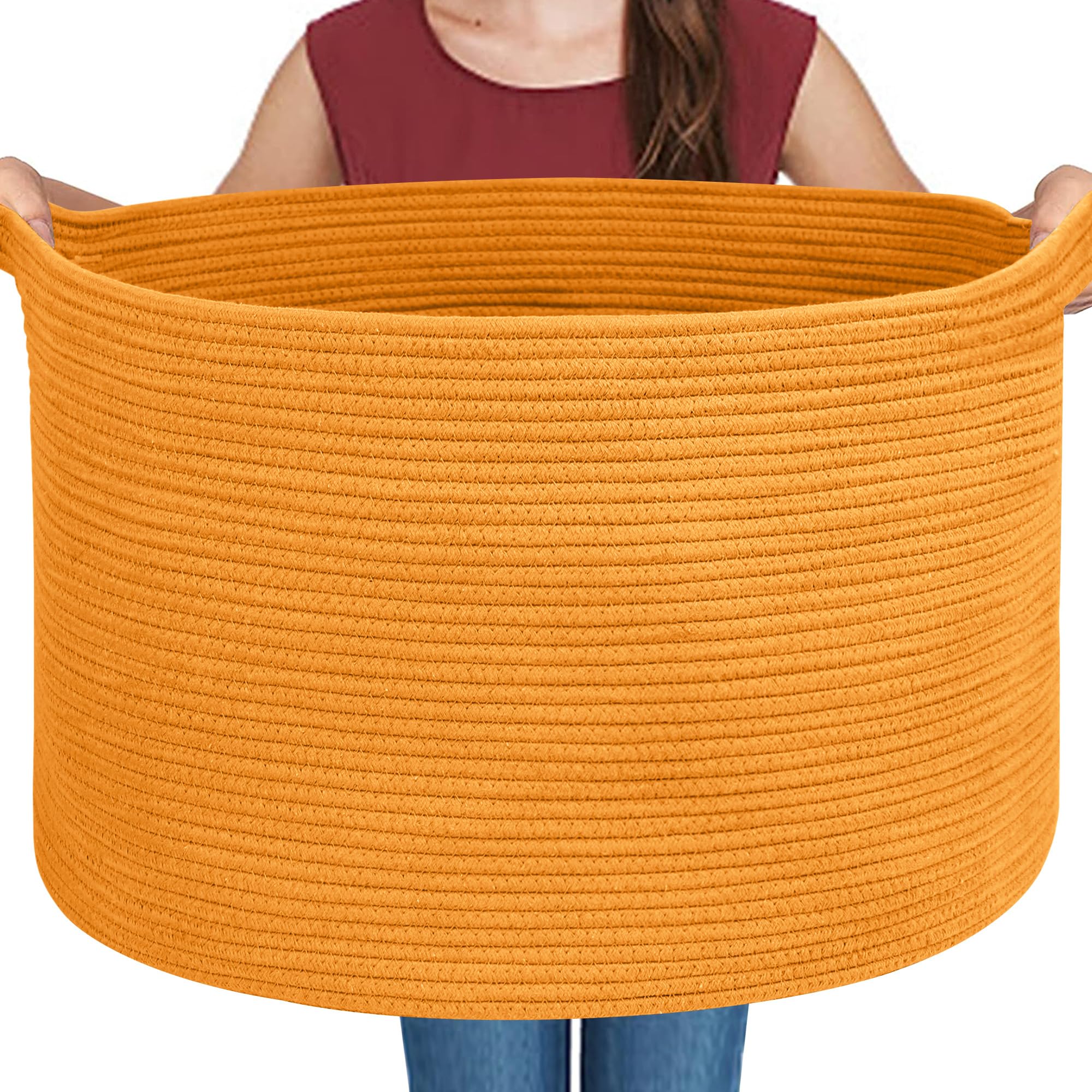 MEGASKET Extra Large Orange Basket, 22" X 22" X 14" Woven Cotton Rope Bins for Blankets, Baby Nursery Wicker Laundry Towel Basket, Kids Dog Toy Storage Box, Big Orange Living Room Decor Organizer