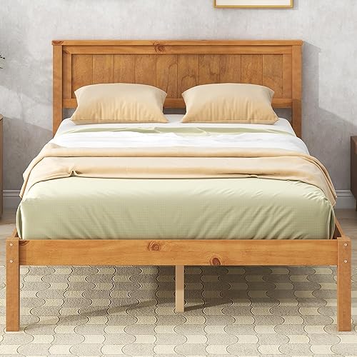 Miniatura 24 de P PURLOVE Base de cama de tamaño matrimonial, cama de plataforma de madera maciza con cabecero, no necesita somier, color blanco