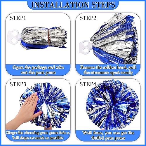Miniatura 41 de Hanaive 3 pompones de animadora y lazo grande para animadora para el pelo, suministros metálicos para animadora de espíritu de equipo, deportes