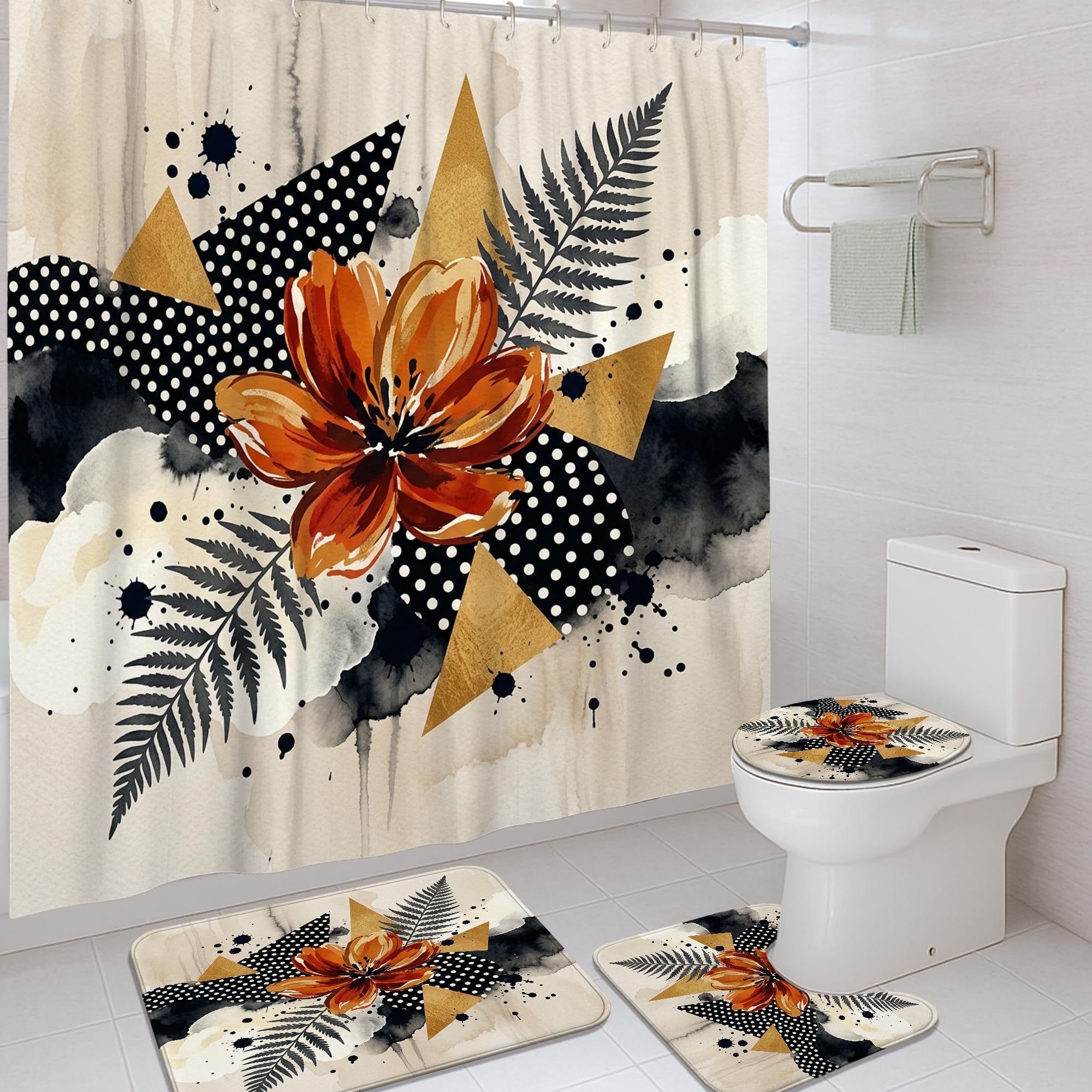 Rideau de douche motif feuilles géométriques noir pour salle de bain