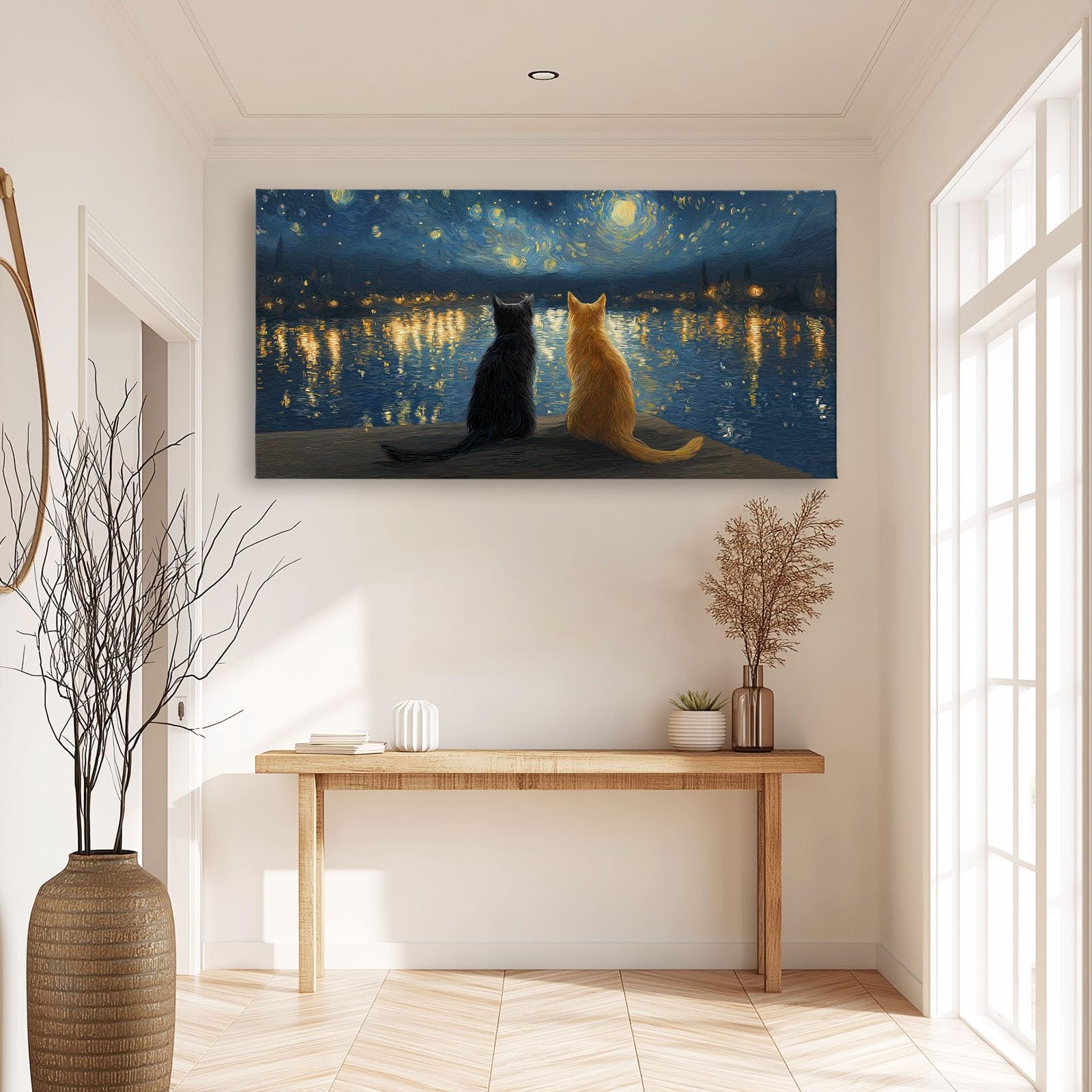 XXL Leinwandbild mit Rahmen Sternengucker Schwarz Orange Katzen, Moderne Leinwand Malerei Gemälde – Deko für Wohnzimmer Schlafzimmer Büro – Wasserfest Poster Deko 120x80 cm