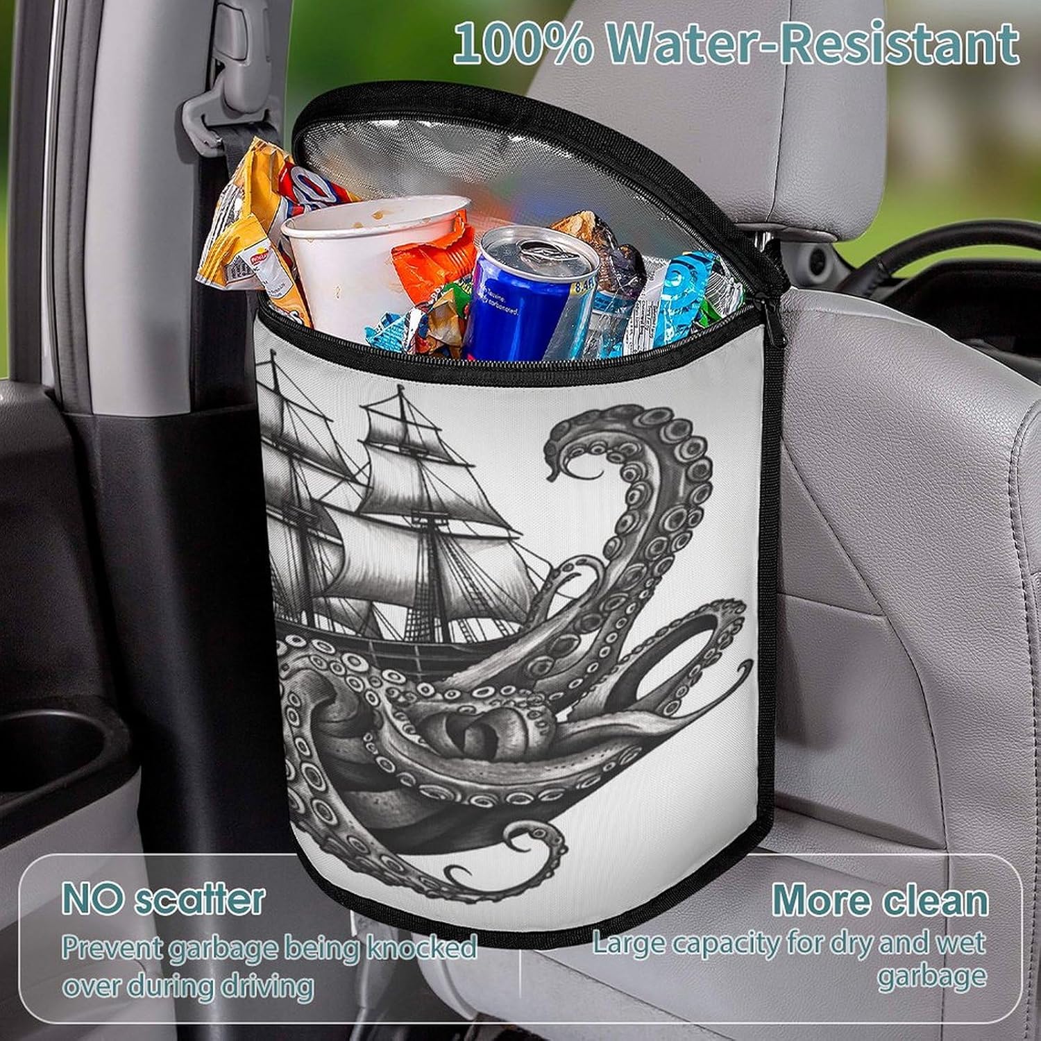Hanging Car Trash Bag Octopus And Ship Printed Car Garbage Storage Bag Leakproof Car Trash Can Portable Garbage Storage Bags