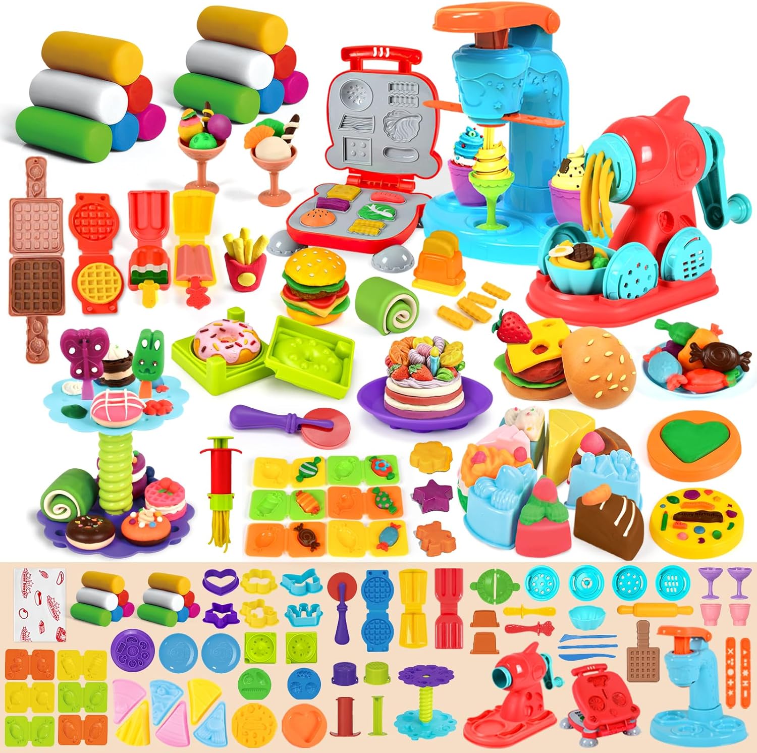 75 pcs 4 in 1 dough sets for kids ages 3-4-8, art crafts dough tools kit, ice cream playset noodle hamburger maker machine dessert rack, kitchen creations food play toys toddlers boys girls