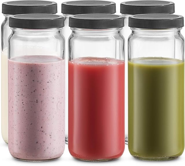 Mason Drinking Jars with Lids 6-Pack | 475ml Glass Smoothie Juicing Bottles, On-The-Go Travel Drinking Jar Glasses, BPA-Free Airtight Plastic Lid- Juice Bottles for Cocktail Beverages, Water, Kombucha