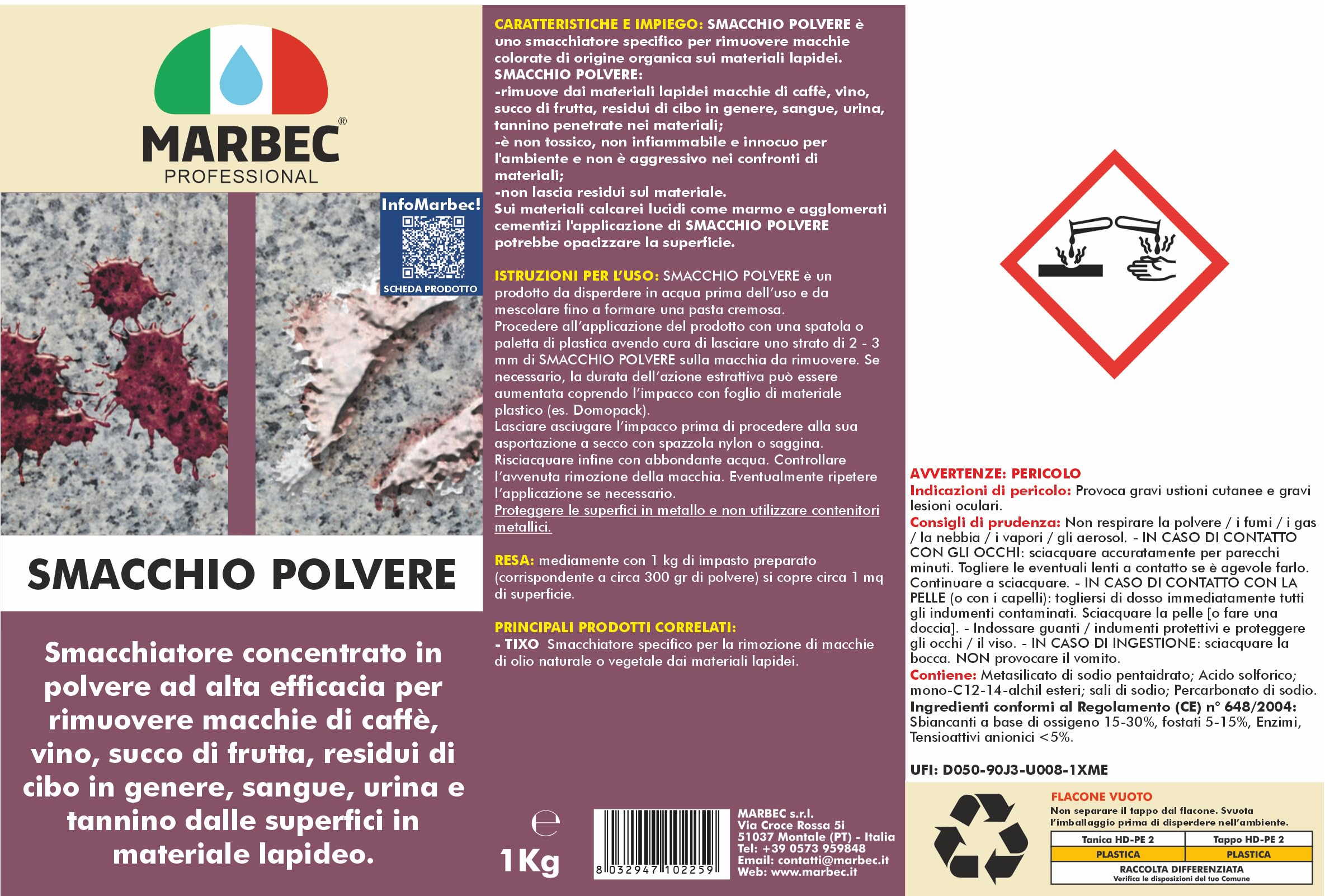 MARBEC SMACCHIO POLVERE 1KG Smacchiatore per la rimozione delle macchie organiche colorate