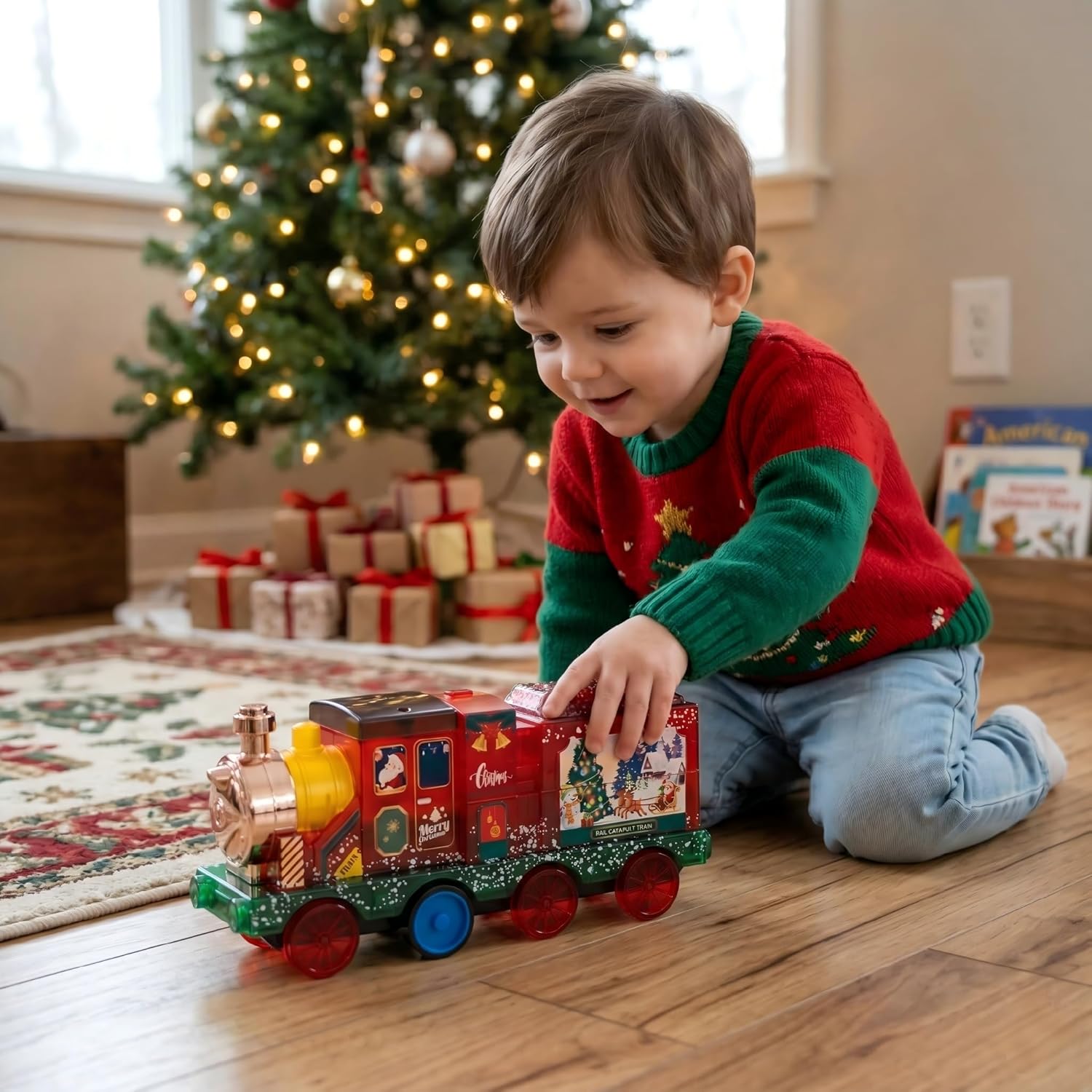 Transforming Engine Train Garage & Toy Car Catapult, Back Folds Out to Secret Garage for Mini Cars, Shoot and Race Fun, Interactive Play Festival Preschool Boys Girls 3+ Gift (Christmas Red)