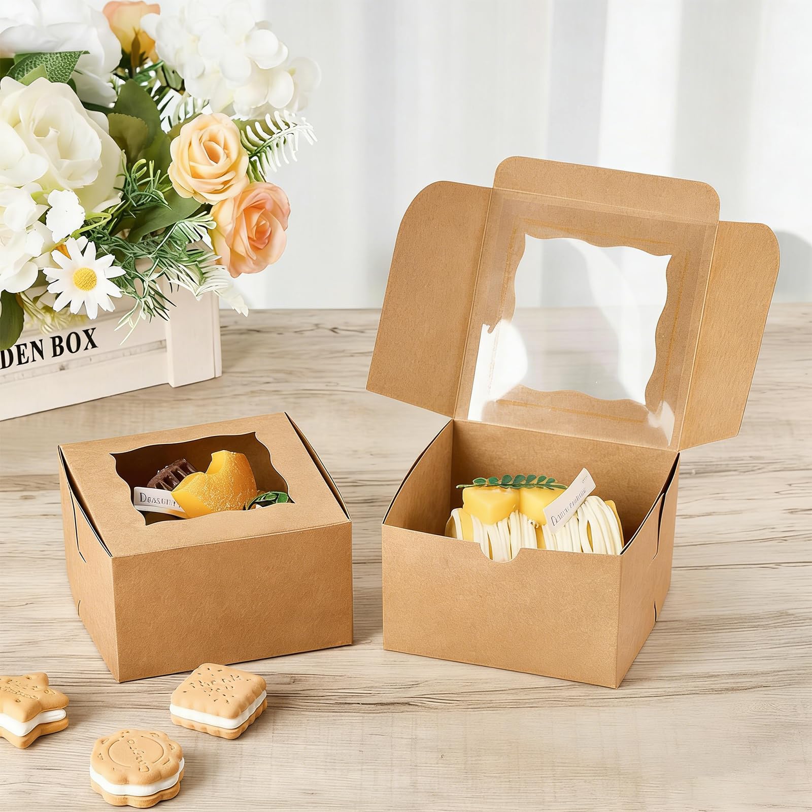 12 Pezzi Cupcake con Finestra Trasparente, Piccole Scatole per Caramelle con Finestra, Scatole Regalo in Carta Kraft Marrone/Bianco, per Caramelle, Cioccolato, Biscotti, Torte(15.3*15.3*7.6 cm)