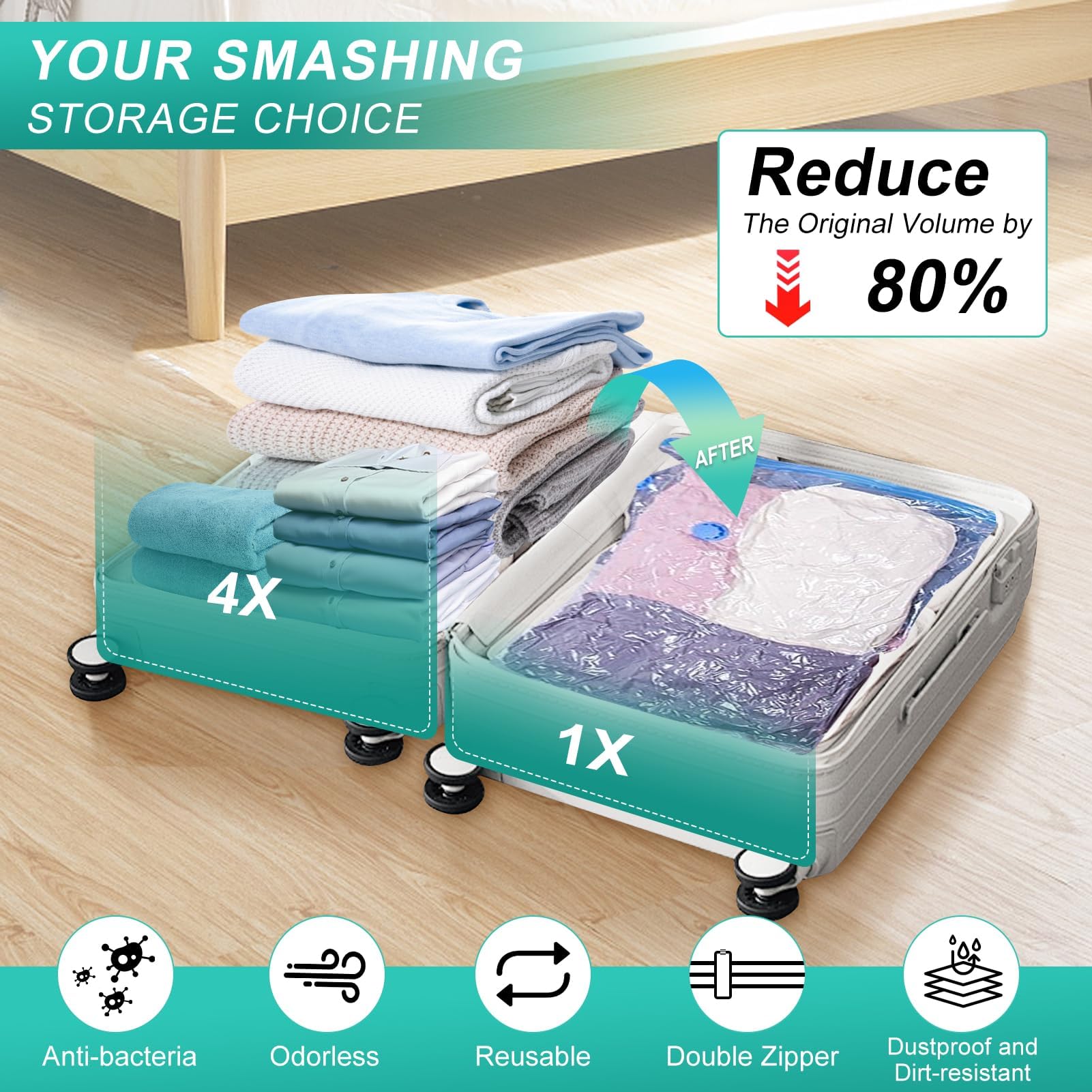 Sacchetti sottovuoto per vestiti, confezione da 20 con pompa ad aria, 4 misure x 5 sacchetti sottovuoto | (Jumbo/L/M/Small) sacchetti per abbigliamento, sacchetti sottovuoto da viaggio, piumini, vestiti, viaggi, cuscini