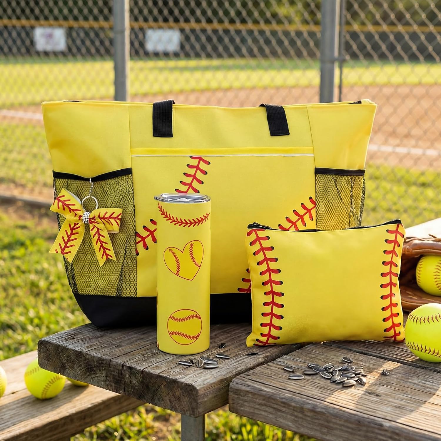 Patelai 4 Pcs Softball Gifts Set Softball Basket Stuffed Including Tote Bag 20 oz Tumbler Makeup Bag Keychain(Yellow)