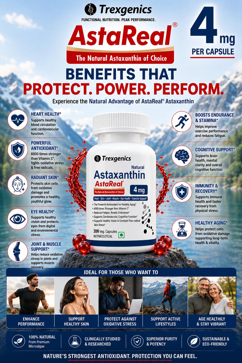 Trexgenics ASTAREAL Natural ASTAXANTHIN 4 mg from Japan (from 100 mg extract) Heart, Skin,Joint, Muscle, Eye, Exercise Support (4 mg, 30 Veg. Capsules) 4