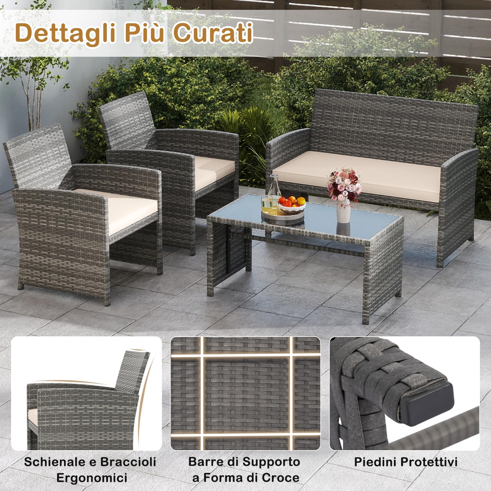 SOARS Set Mobili da Giardino in Rattan PE, Divano 2 Posti, 2 Poltrone, Tavolino Vetro, 4 Posti, Grigio+Bianco