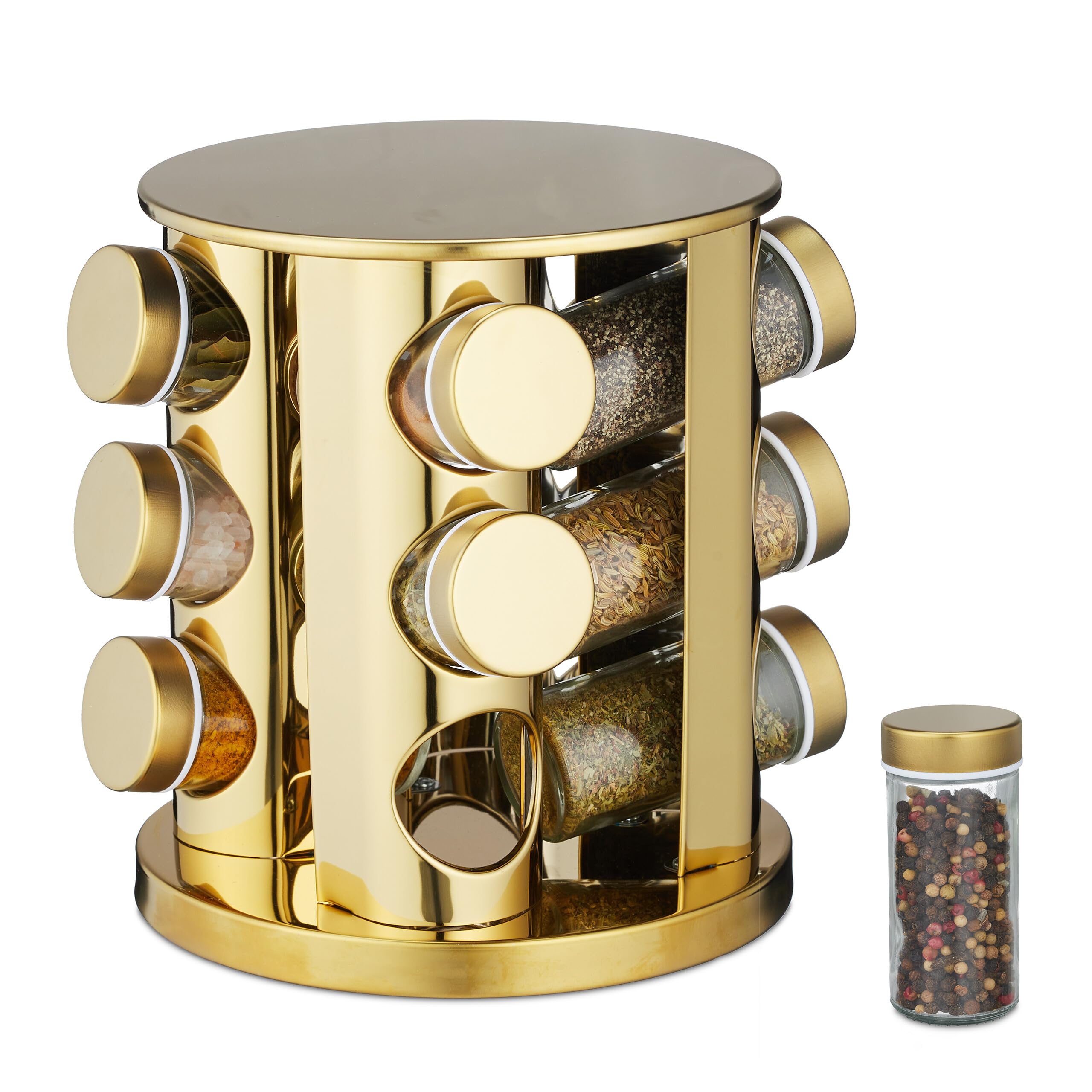 Relaxdays Gold Spice Carousel, 12 Herb Jars, 360° Rotatable, Stainless Steel, Glass, Hxø: 22 X 20Cm, Round Counter Rack,