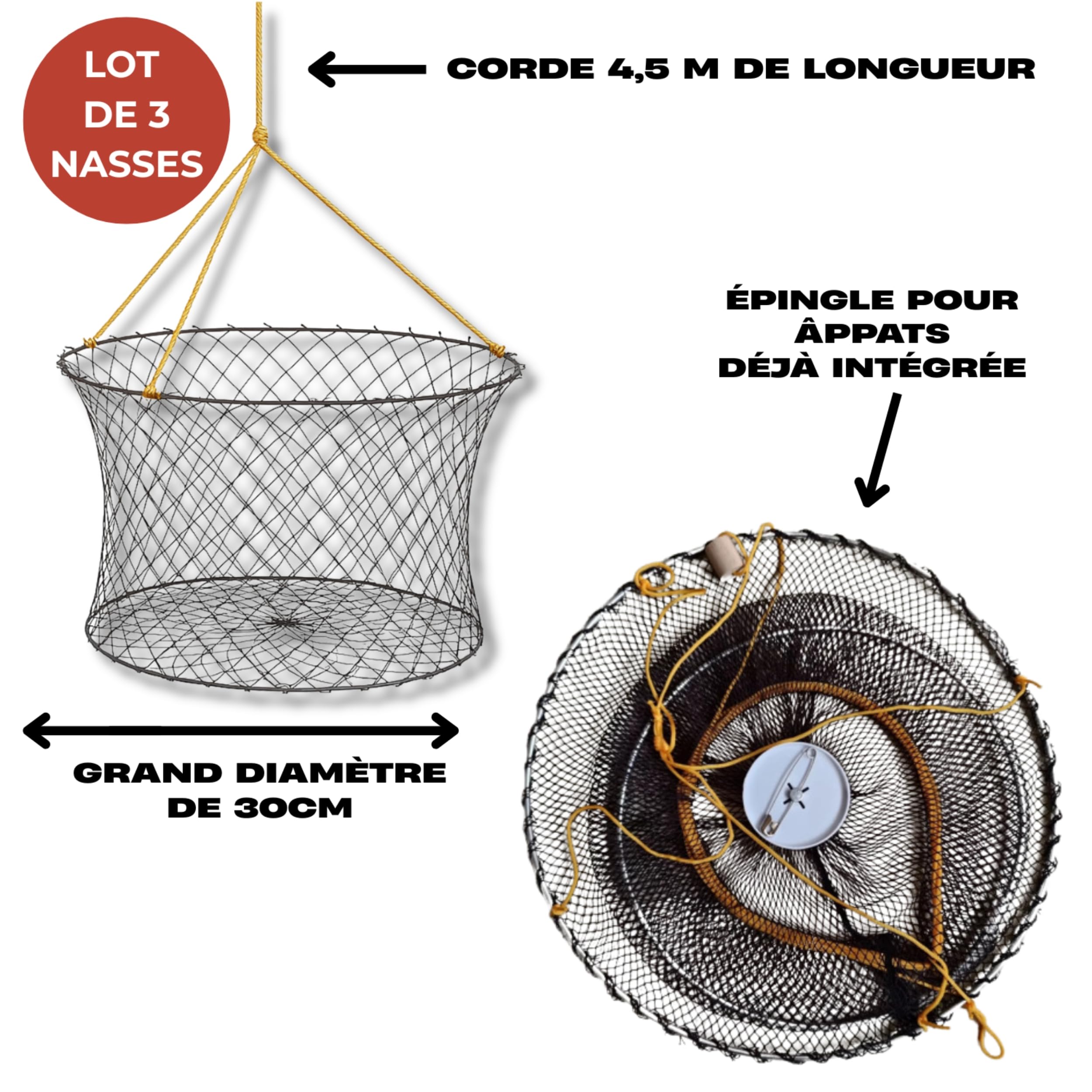 Lot De 3 Nasses À Écrevisses - Grand Diamètre - Corde 4,5m - Épingle À Appât – pour Pêche en Lac, Rivière Ou Étang – Filets De Capture D’écrevisses, Crabes Et Crevettes