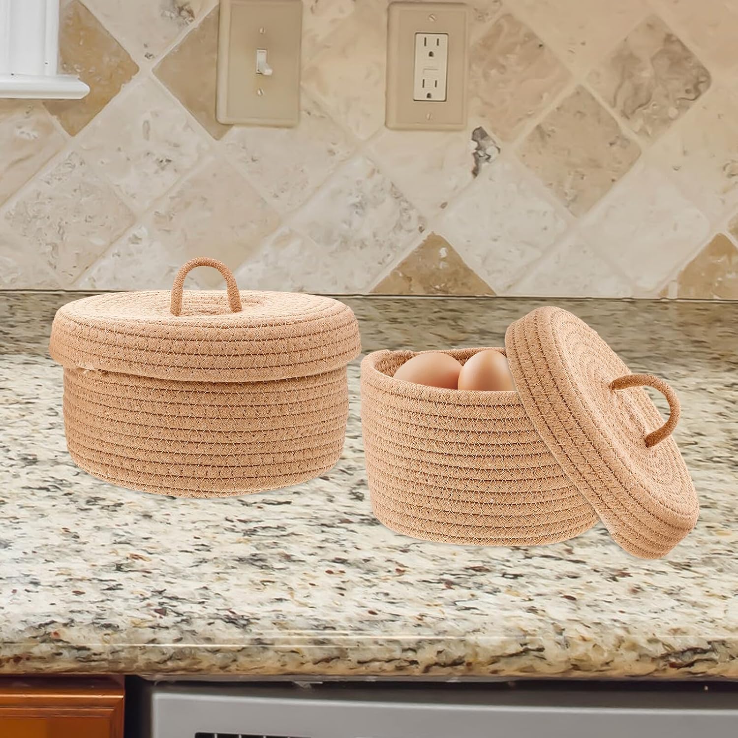 Ciieeo Woven Sundry Storage Basket Set of 2 with Cotton Rope Handles, Medium Desktop Organizer Bins for Snacks, Eggs, and Household Storage in Rustic Style