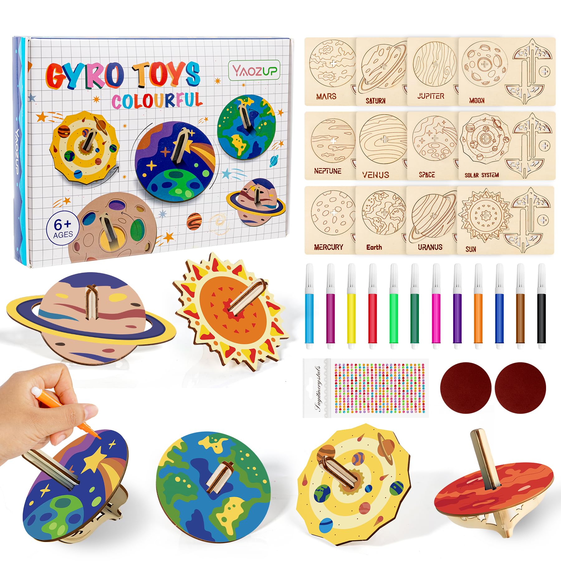 12 Stück Holzkreisel Bausatz Für Kinder - DIY Bemalen Mit Planetendesign
