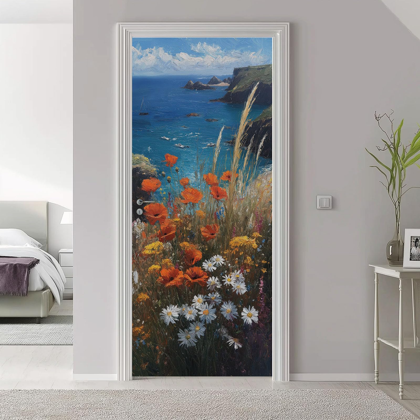 Malarstwo olejne styl naklejka na drzwi 90 x 200 cm, kwiaty wybrzeża, ocean, PCW, samoprzylepna, plakat na drzwi, fototapeta, niebieska, wodoodporna, winylowa, zdejmowana naklejka na drzwi, "zrób to