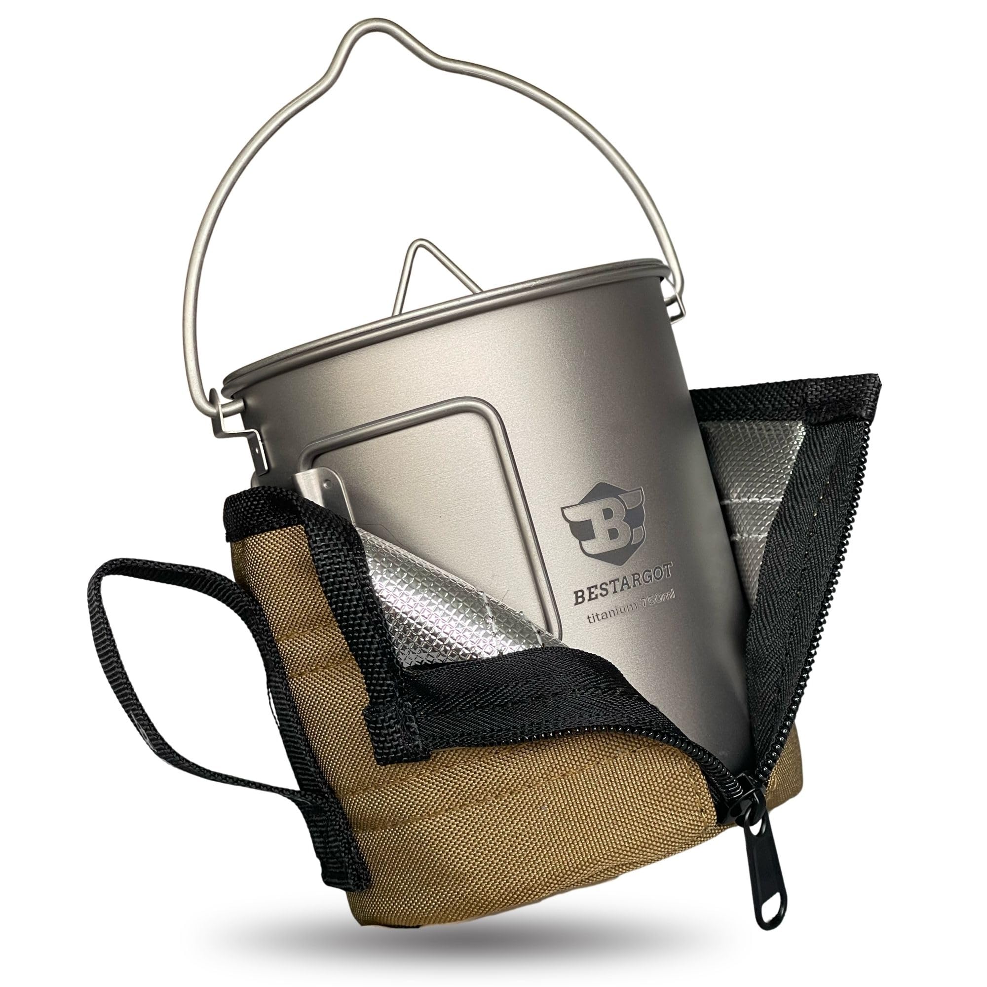 Bestargot Camping Titanium Pot, 750ml Outdoor Cup with Insulation Cup Carrier, Titanium Camping Drinkware, 132g Lightweight and Large Capacity
