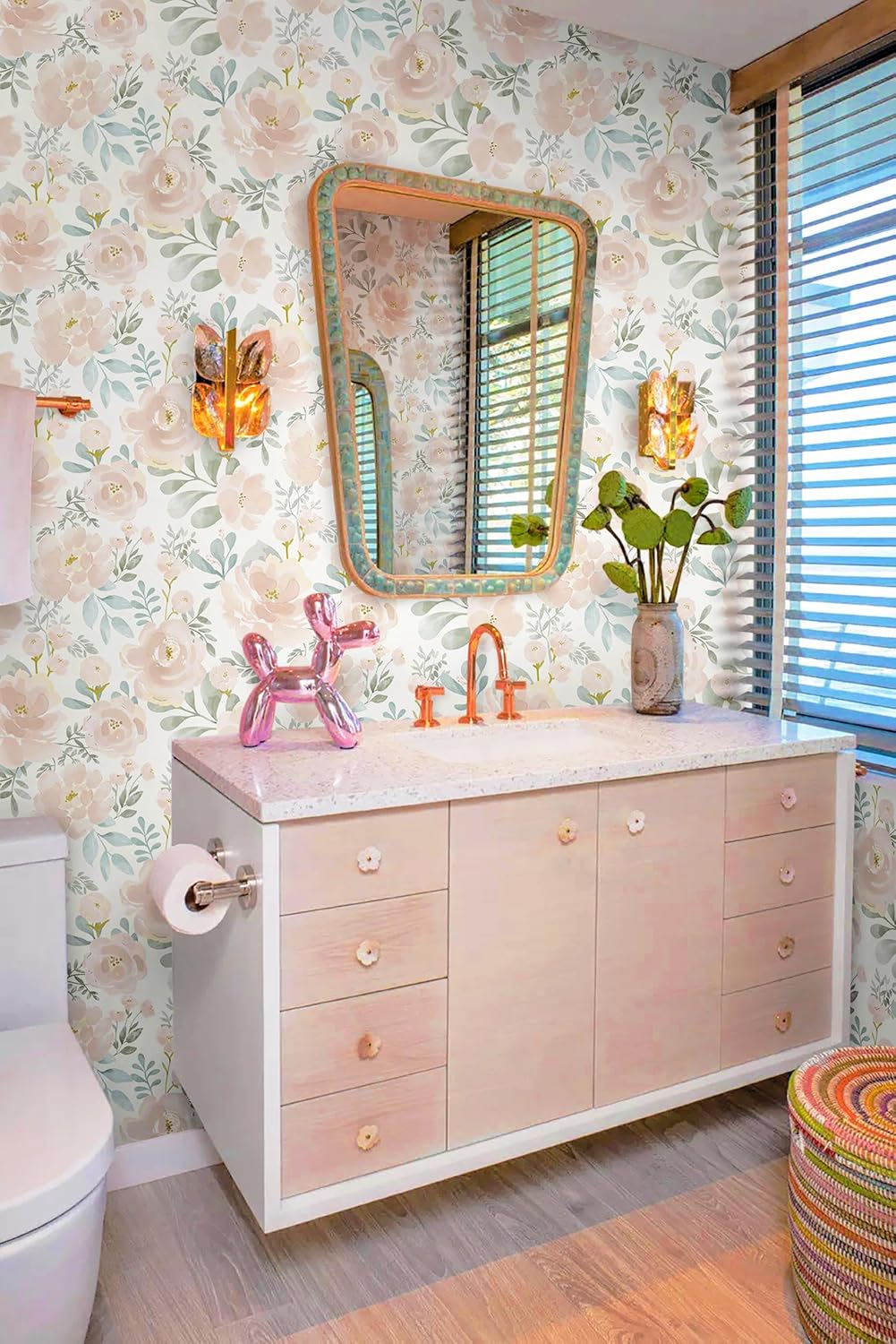 Peel and Stick Wallpaper Floral Pink Wall Paper Modern Contact Paper Removable Wallpaper Self-Adhesive for Bathroom Bedroom Kitchen Wall Decor 17.3" x 394"