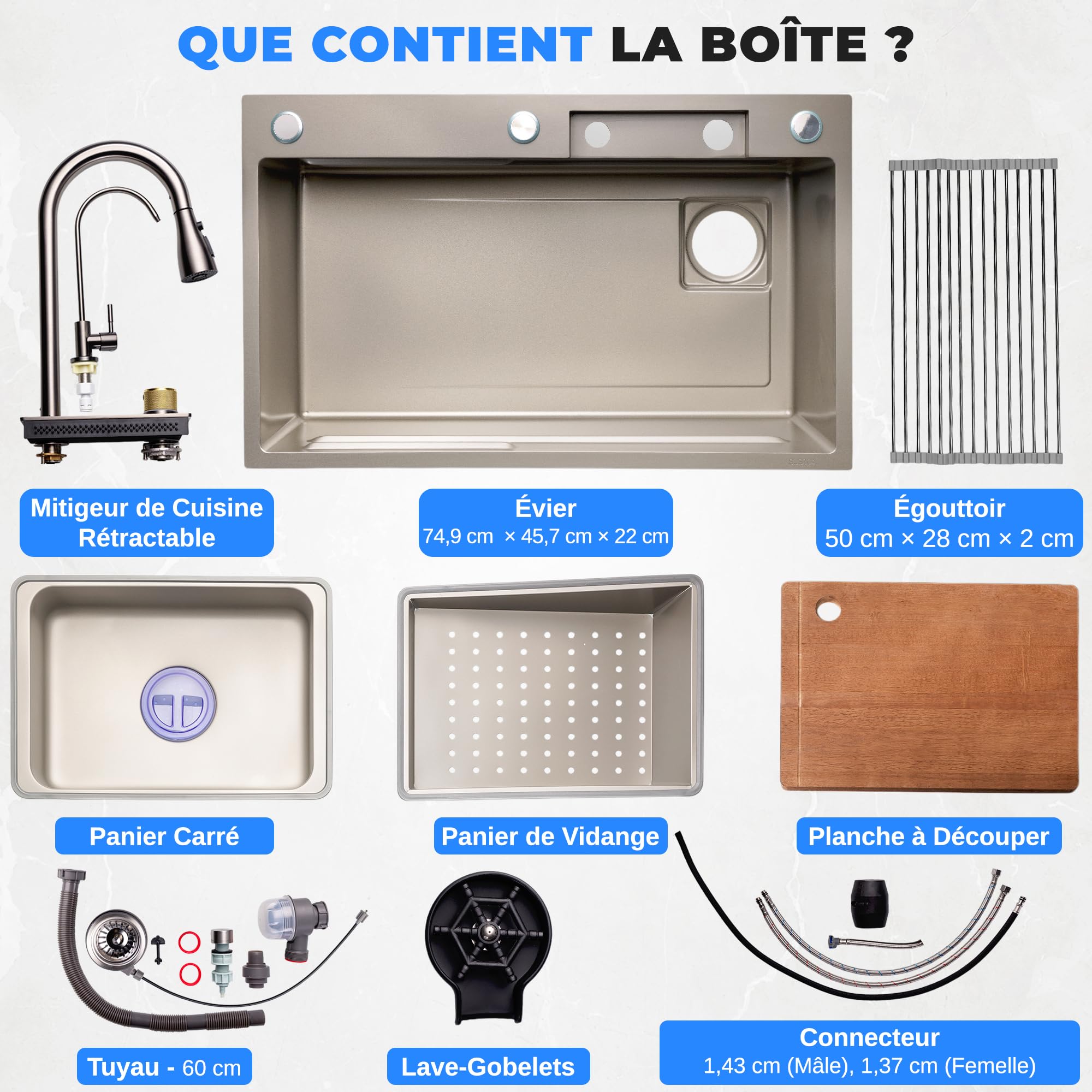 SereneLife Evier Cuisine 1 bac Inox 75 x 46 x 22cm – Evier Cuisine Multifonction avec Égouttoir – Lavabo Cuisine avec Cuve Profonde, Robinet et Lave-Tasses Intégrés, Planche à Découper, Design Moderne