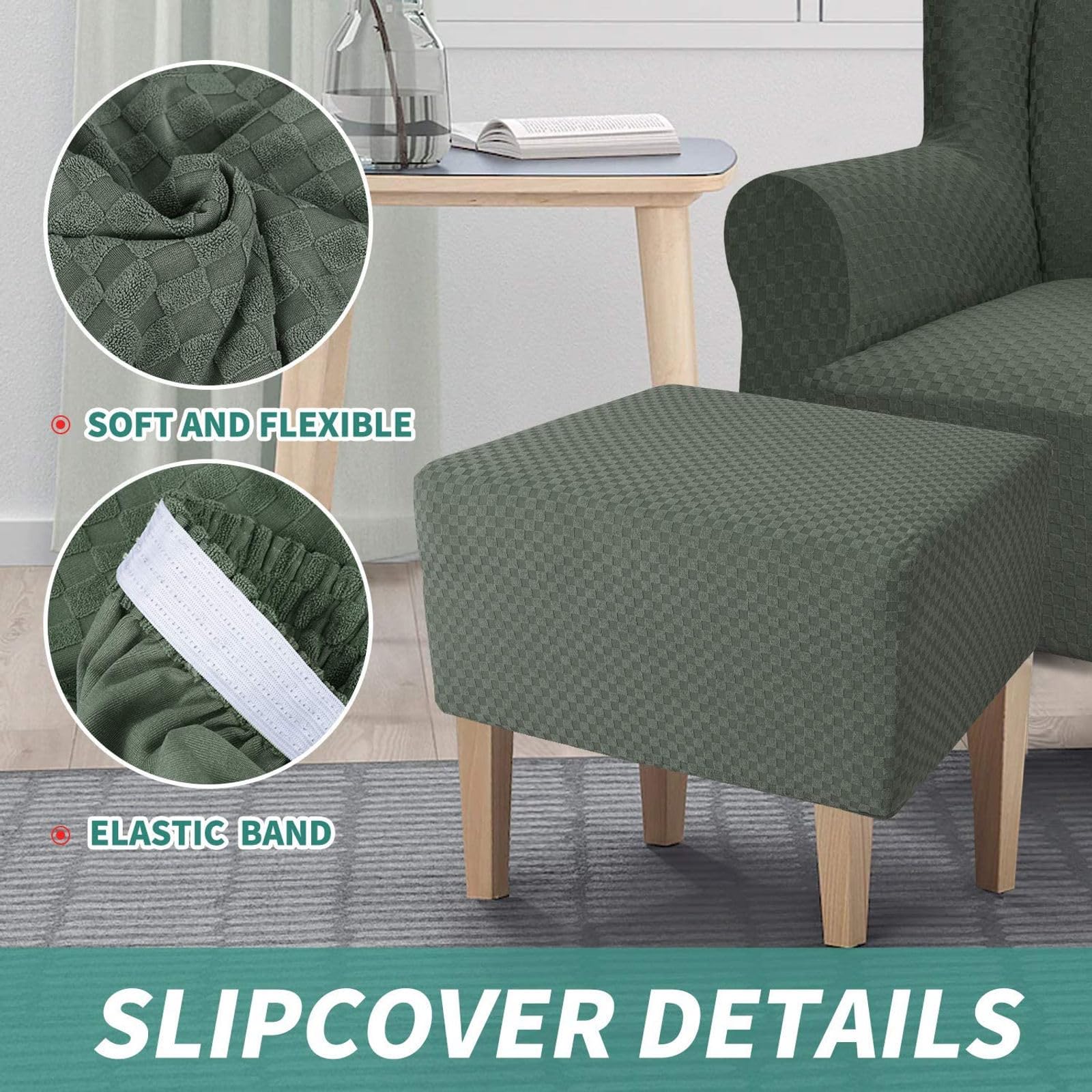 BXFUL Copri Pouf Elasticizzato Rettangolare per Poggiapiedi e Divano, Lavabile Jacquard Ottomano (Large, Fagiolo Verde