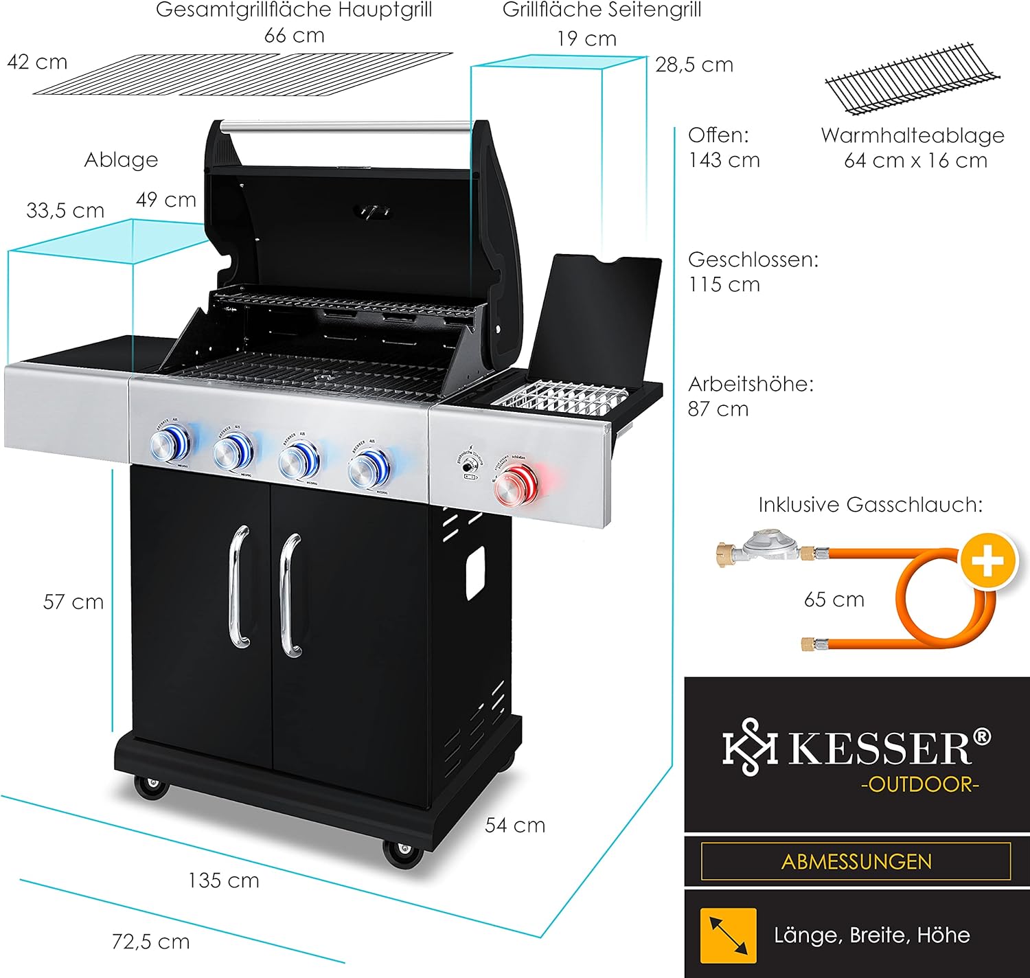 KESSER® Barbecue a Gas Master BBQ con termometro a infrarossi e Grill da 800°C, Illuminazione a LED, Ceramica 4+1 fornelli in Acciaio Inossidabile Barbecue XXL con Carrello, Nero KESSER® Barbecue a Gas Master BBQ con termometro a infrarossi e Grill da 800°C, Illuminazione a LED, Ceramica 4+1 fornelli in Acciaio Inossidabile Barbecue XXL con Carrello, Nero