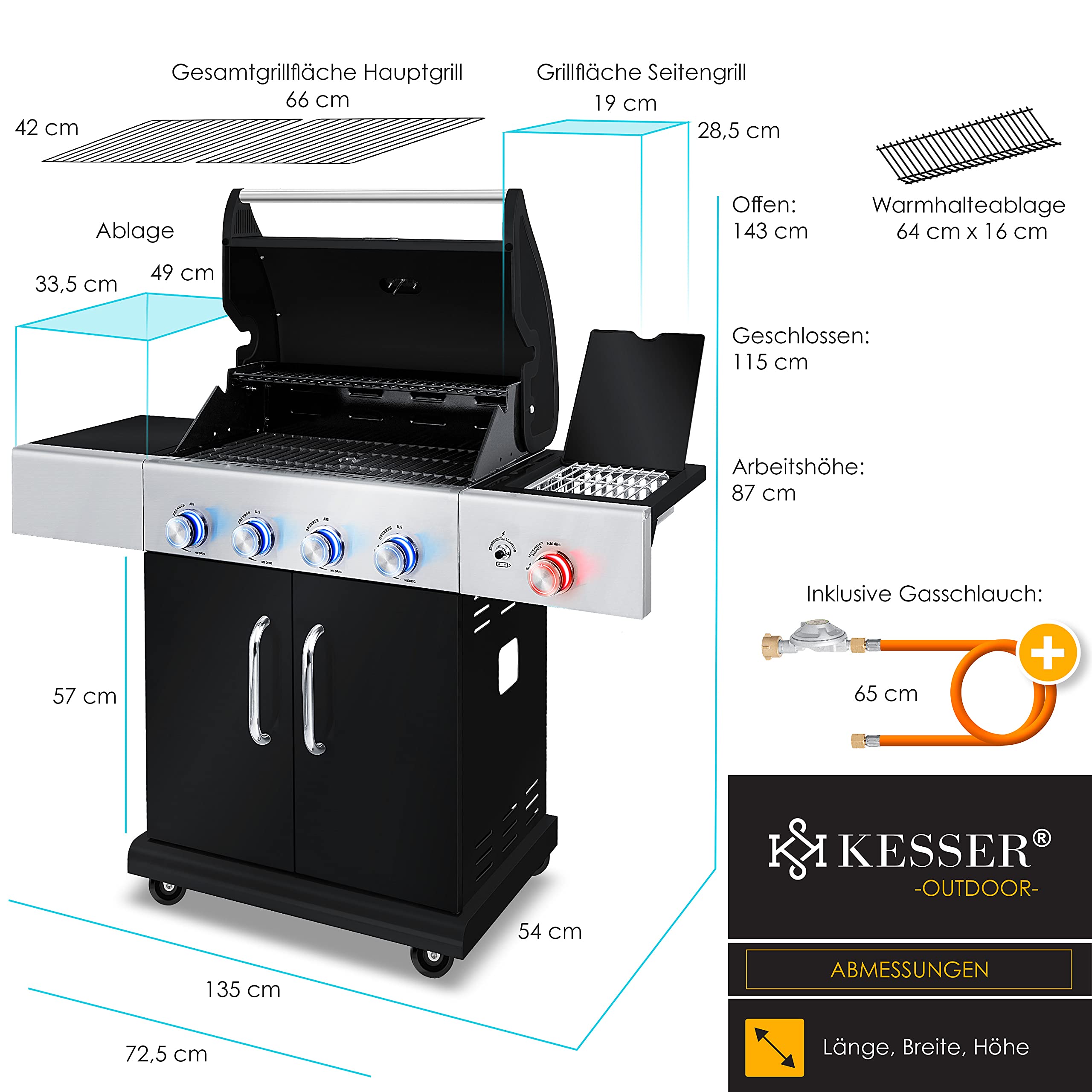 KESSER® Gasgrill mit 4 Brenner + 1x Infrarot Keramik Seitenbrenner & Piezo-Zündung | bis 800°C BBQ Grillwagen aus Edelstahl inkl. Grillrost (66cm) aus Gusseisen, Grillthermometer & Gas-Schlauch