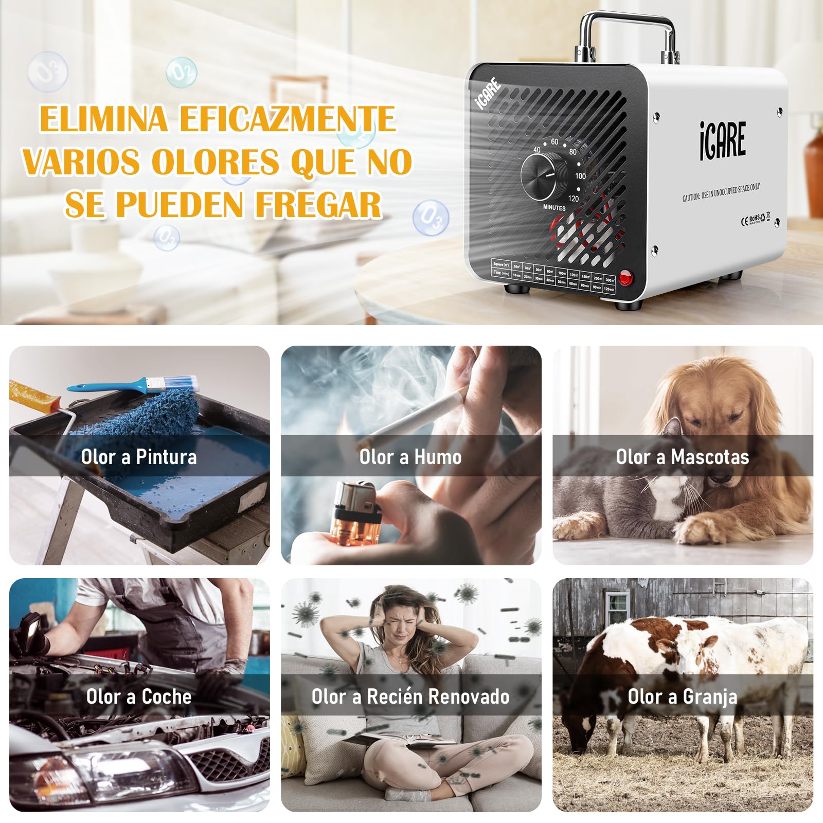 Generador de Ozono Hogar 30000mg/h, Profesional Máquina de Ozono, Generador Ozono Purificador de Aire con Temporizador, Dispositivo de ozono O3 Portátil para Garajes, Hogar, Coche Blanco