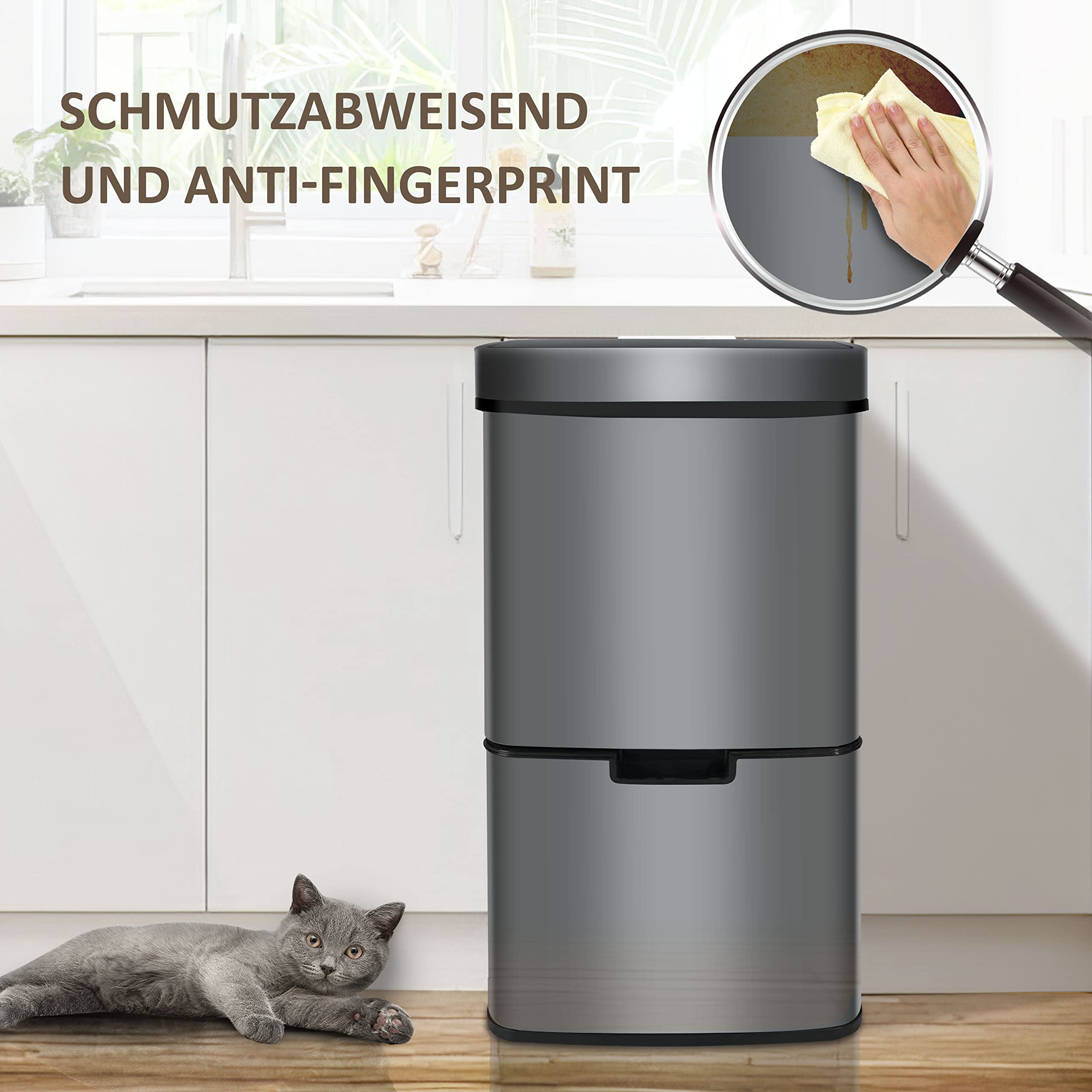 Ribelli Edelstahl - Mülltrennsysteme mit 3+1 Fächer - Mülleimer mit Sensor -iter (2x12 + 1x48 L) - Design Treteimer aus Edelstahl - Grau – Bild 8