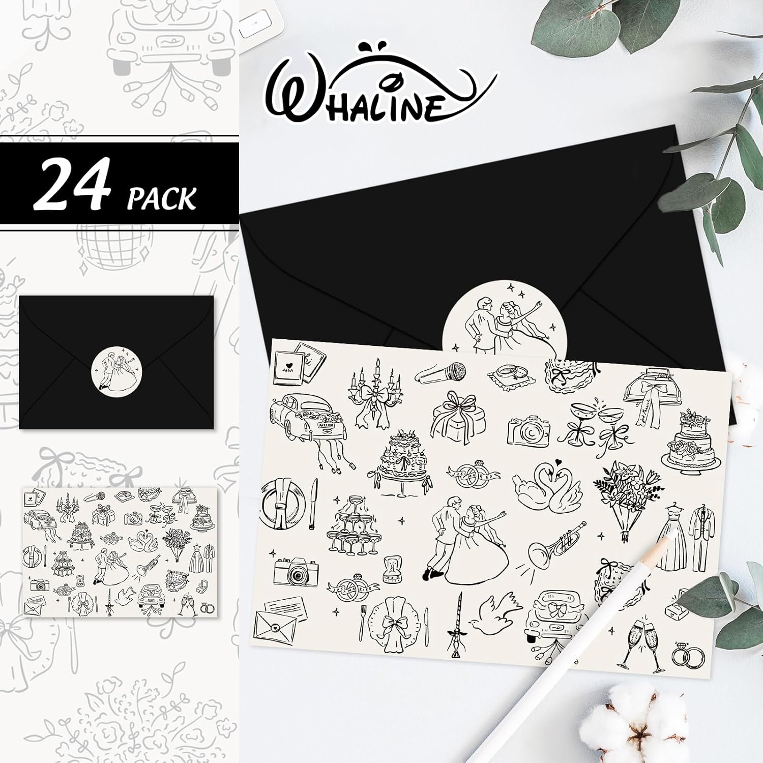 Whaline 24 Pack Wedding Cards Black Bride Groom Flower Greeting Note Cards Invitation Card with Envelope Sticker for Engagement Bridal Shower - Image 3