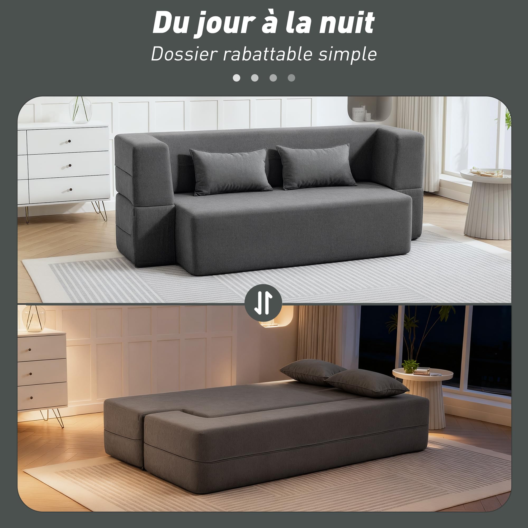 HOMCOM Canapé Convertible 2 Places Canapé-Lit Chenille 203 cm 360kg Gris | Assise et Accoudoirs Larges, 2 Coussins, Entièrement Compressé, pour Salon, Petit Espace, Aucun Assemblage Requis