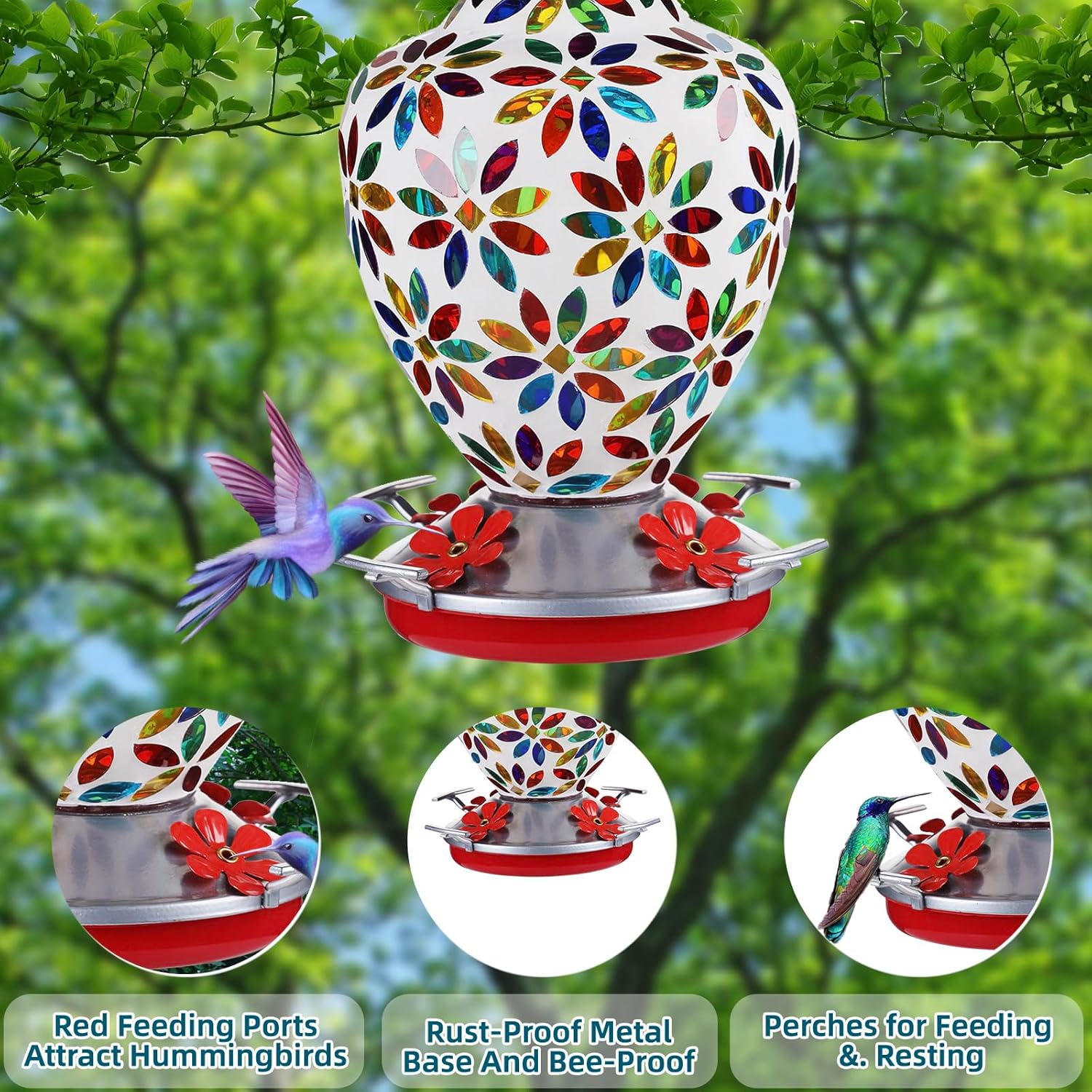 VOREEN Glass Mosaic Hummingbird Feeders, 35OZ with Ant Moat & 4 Feeding Ports, Hand Blown Glass Outdoor Hanging Porch Garden Backyard Decor, Mom Wife Friend'Gift, Flowers Design