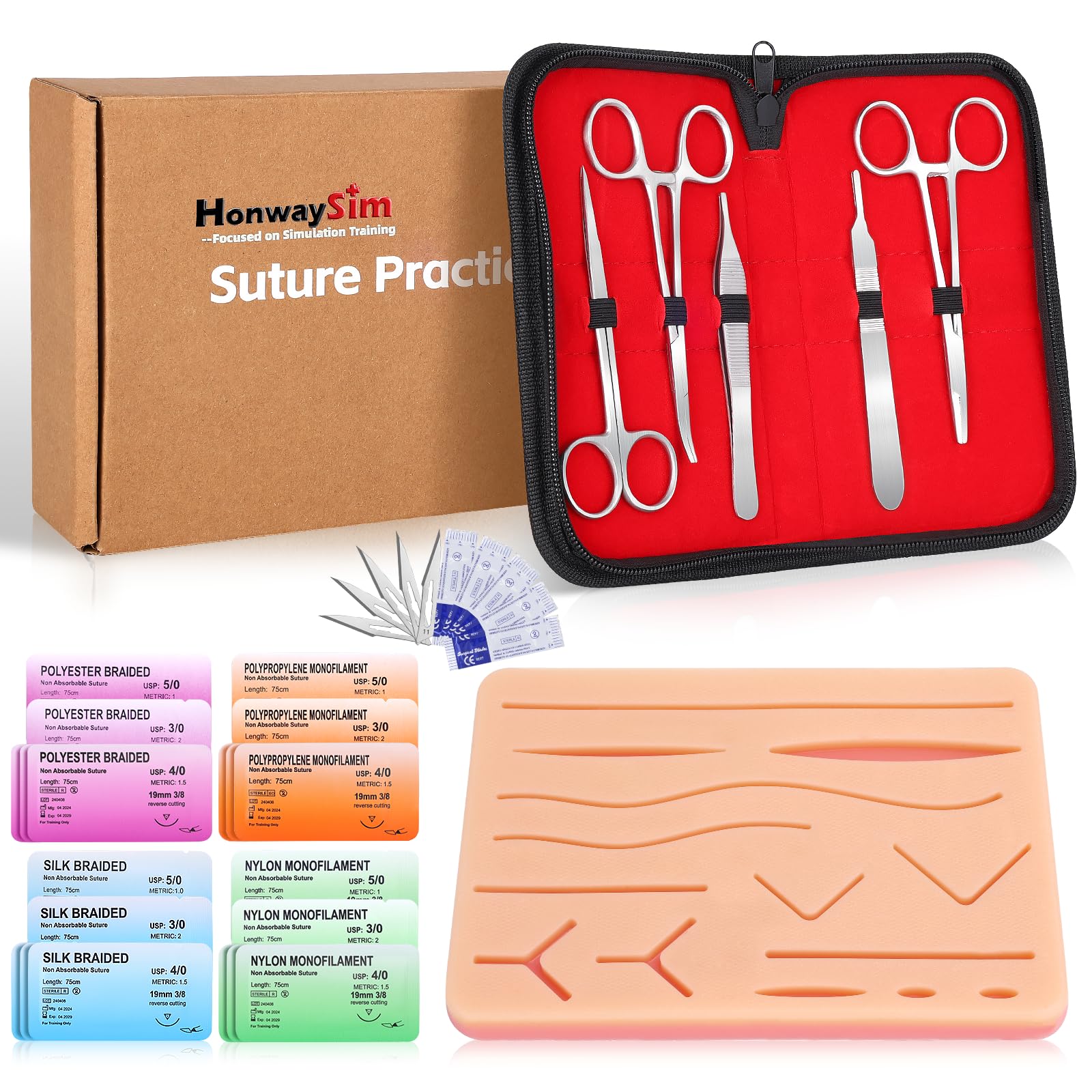 Kit de práctica de sutura: kit completo de sutura con agujas, 20 hilos, 14 heridas precortadas en almohadilla de silicona, 32 piez