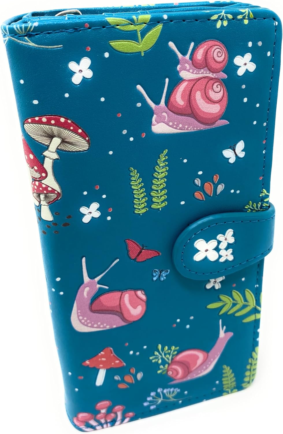 Shag Wear Snail Forest Large Wallet Vegan Faux Leather Nature Design Clutch with Card Slots Bill Compartments ID Window Zippered Coin Pocket 7" Teal