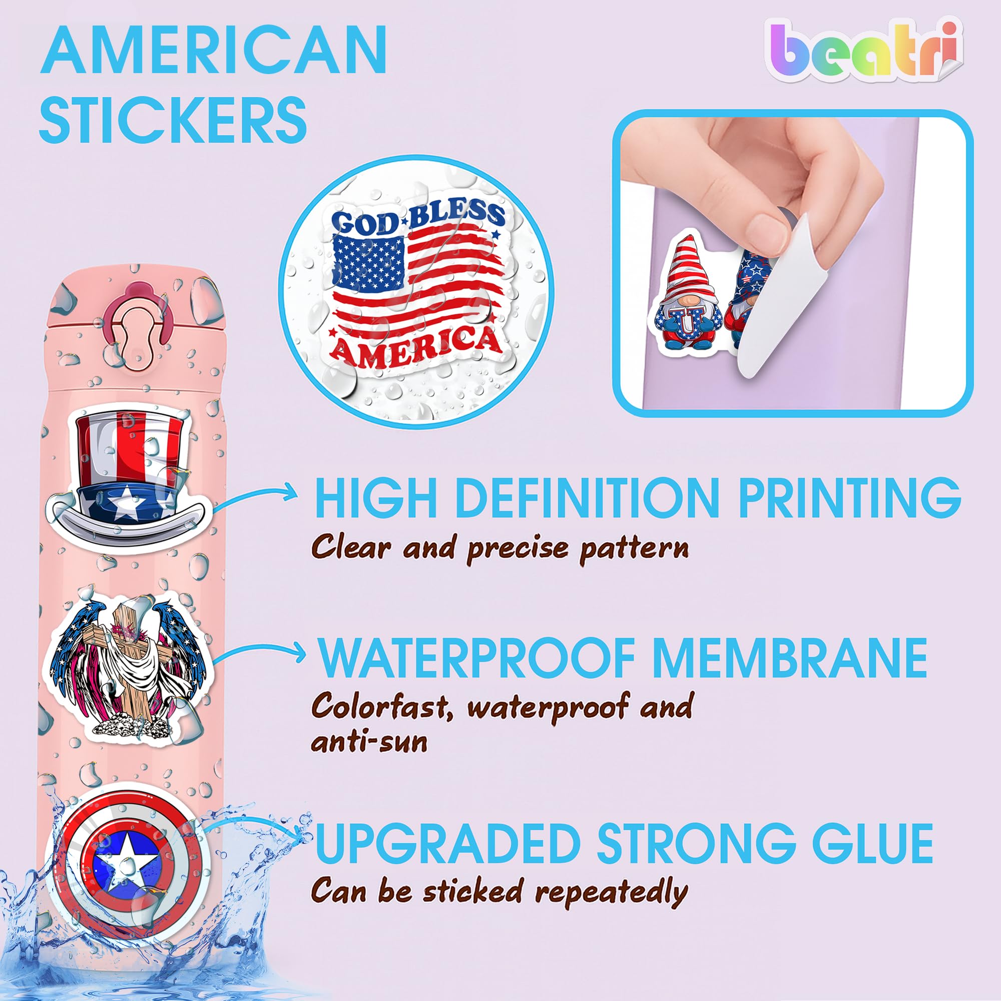 BEATRI Adesivo 4 luglio USA 50 pezzi adesivi patriottici americani in vinile impermeabile per bottiglie d'acqua decalcomanie per laptop adesivi decorazione laptop, skateboard