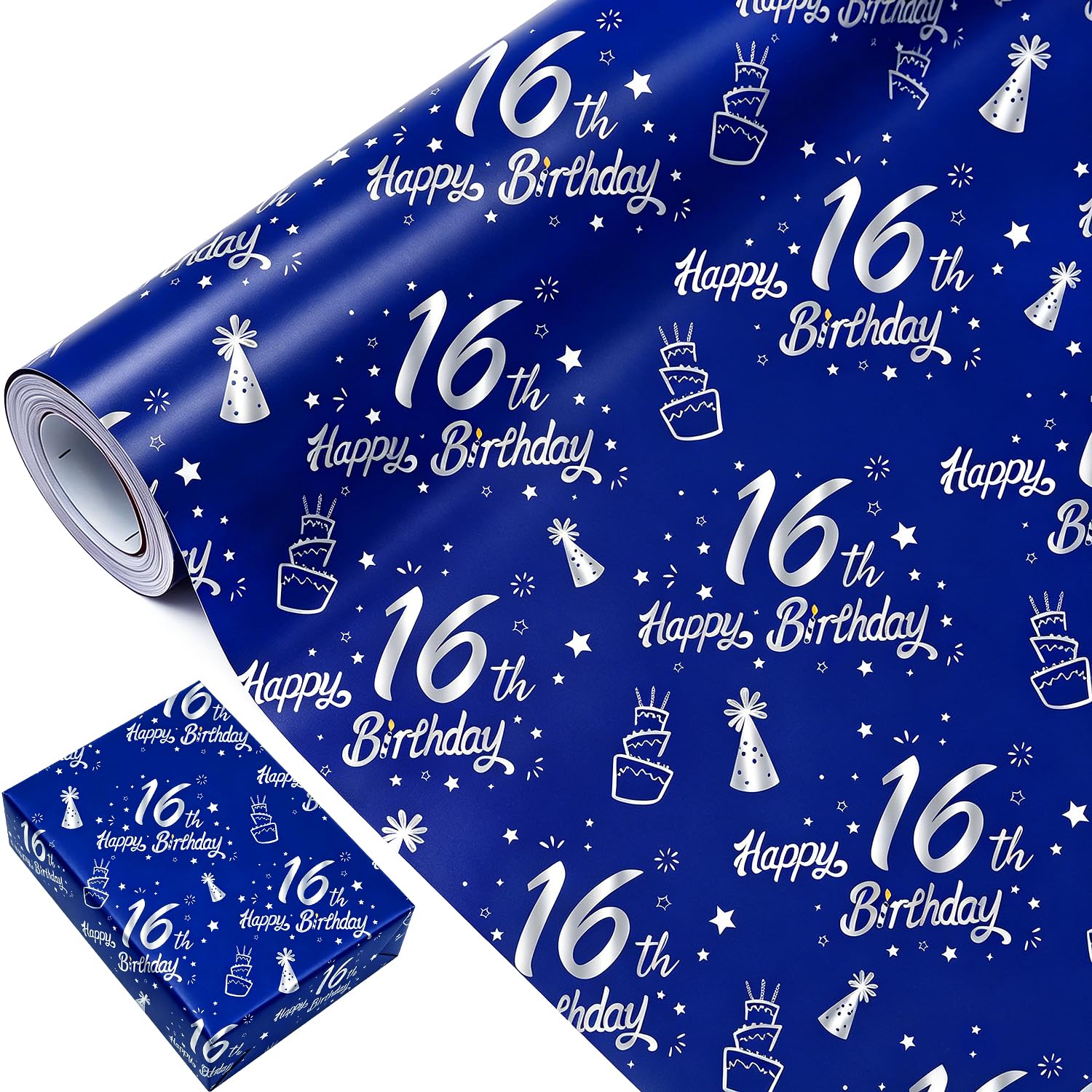 16th Birthday Wrapping Paper Roll 8m,43cm Blue Silver Wrapping Paper Roll for Boy Girls Birthday Gift Decorations