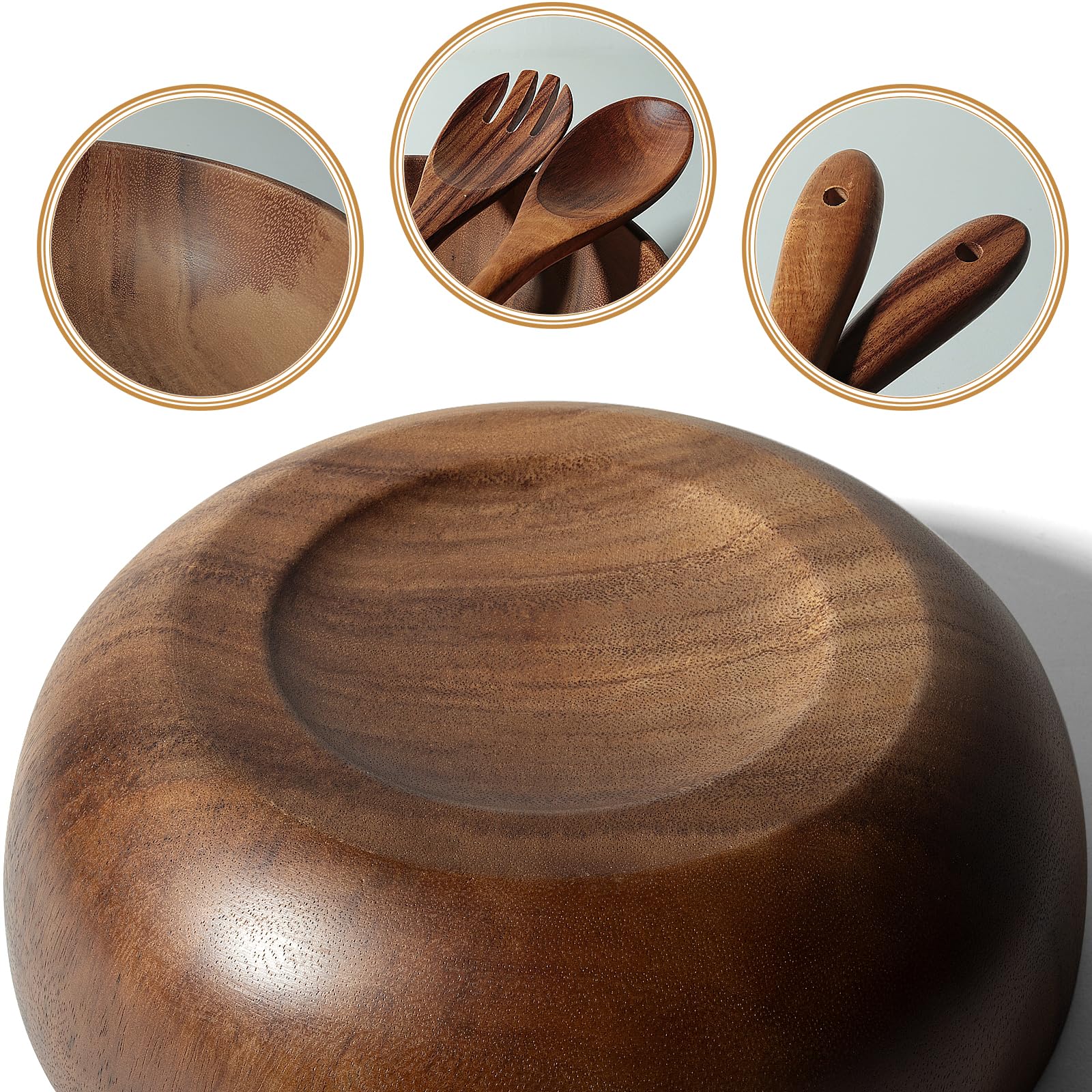 Cuenco Redondo de Madera de Acacia, Ideal como Ensaladera | Cuenco para Mezclar,Frutero o Cuenco para Pan,Diámetro de 23,7cm,Utensilios de Cocina, Perfecto para Cocina, Picnic y Fiesta