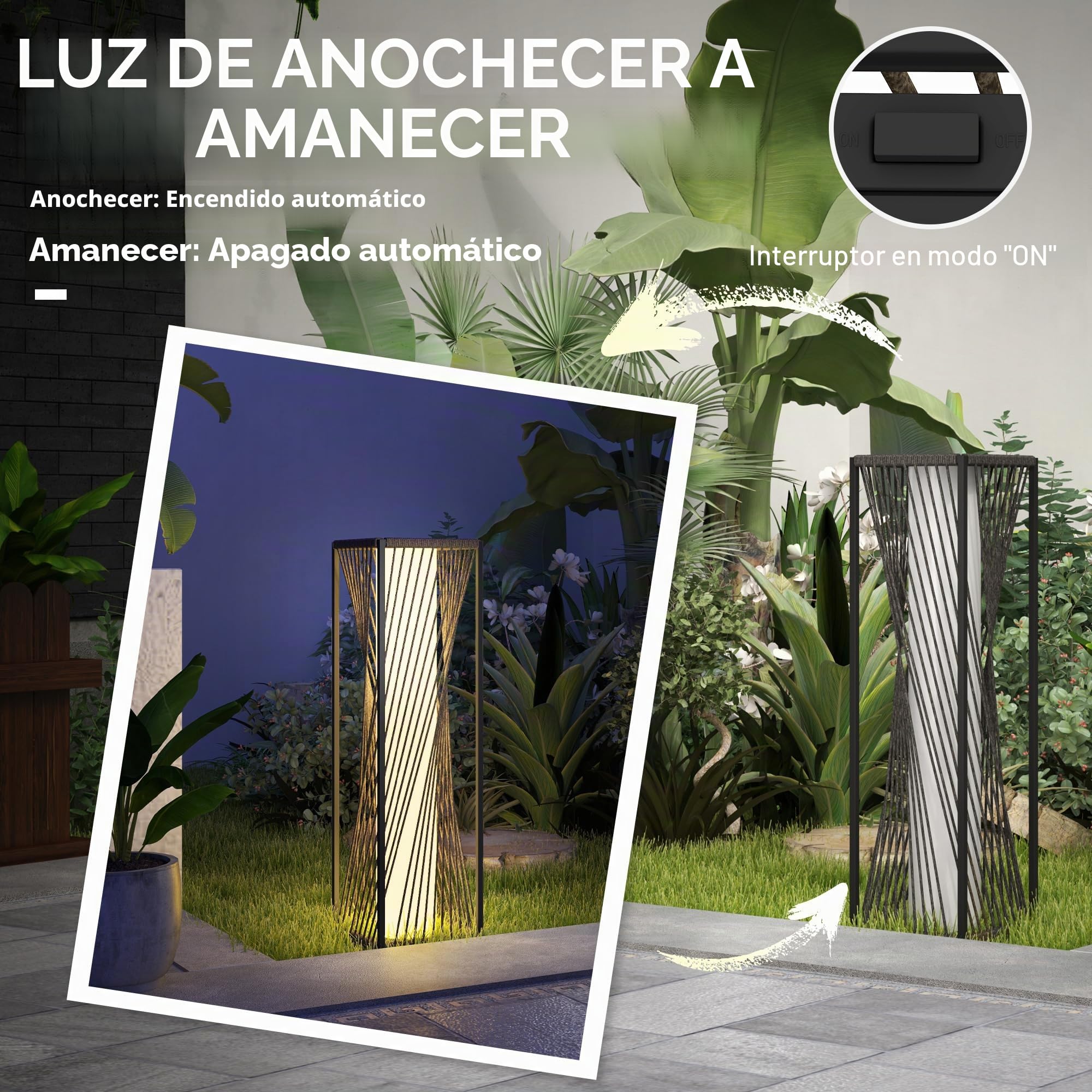 Outsunny solar lámpara de pie de ratán con sensor de luz 25 LEDs lámparas solares en estilo boho IP44 impermeable lámpara solar lámpara solar lámpara al aire libre recargable linterna solar para