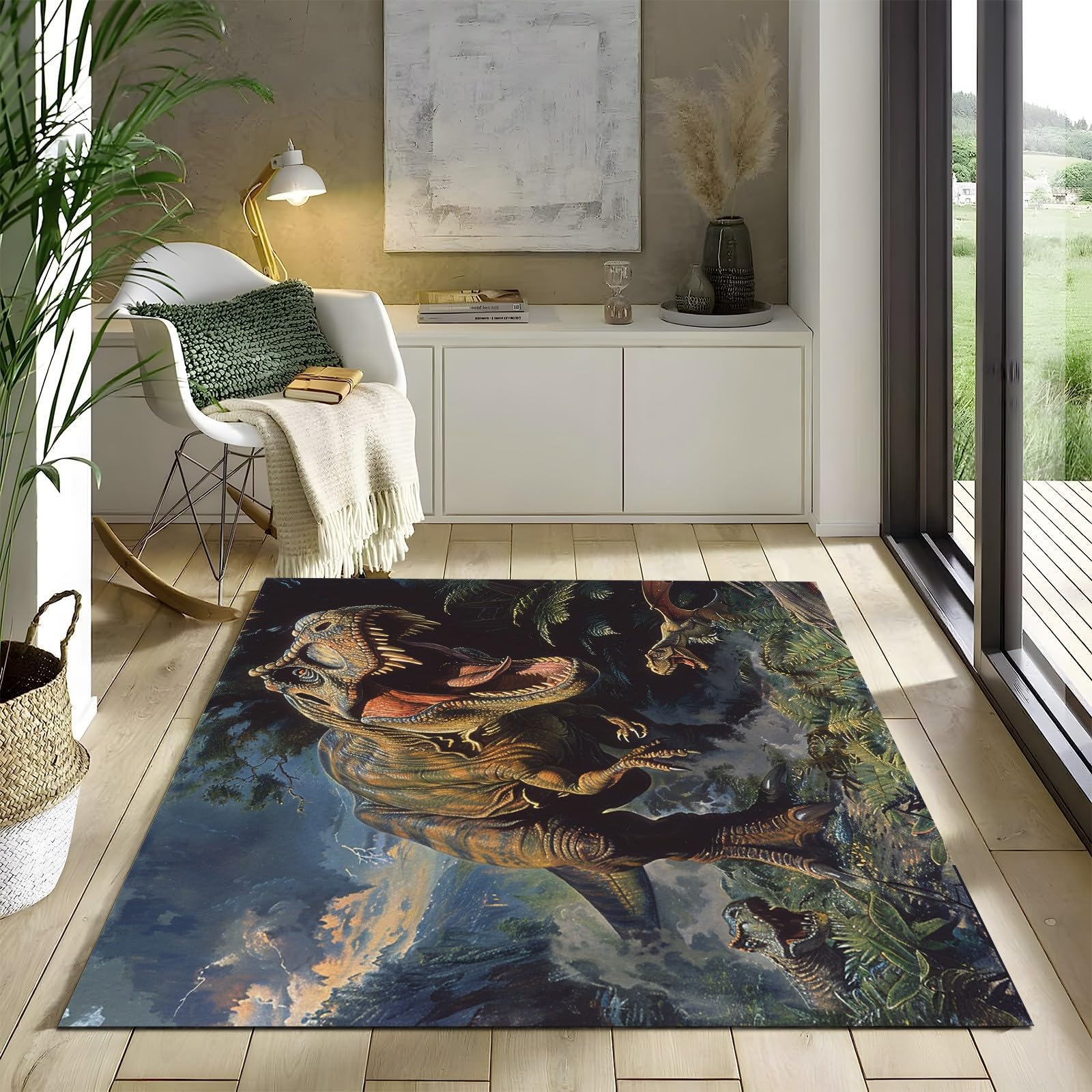 Teppich Kinderzimmer Gras-Dinosaurier 80x150cm Teppich Wohnzimmer Weich Flauschig Anti-Rutsch Teppich Maschine Waschbar für Schlafzimmer, Küchen, Flur, Esszimmer