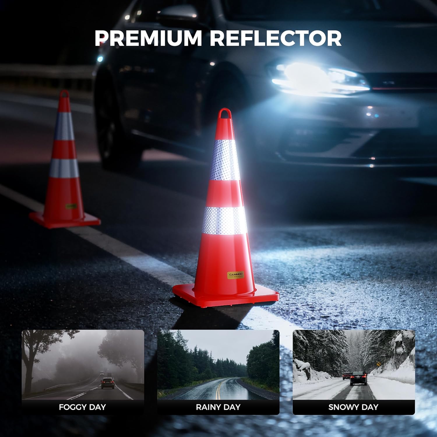 CAMMOO 6 Pack 28 Inch Traffic Cones, from -22℉ to 131℉, MUTCD-Compliant Orange Safety Cone with Reflective Collar ＆ Extra Caution Tape for Parking Lot, Construction Work, Road Safety