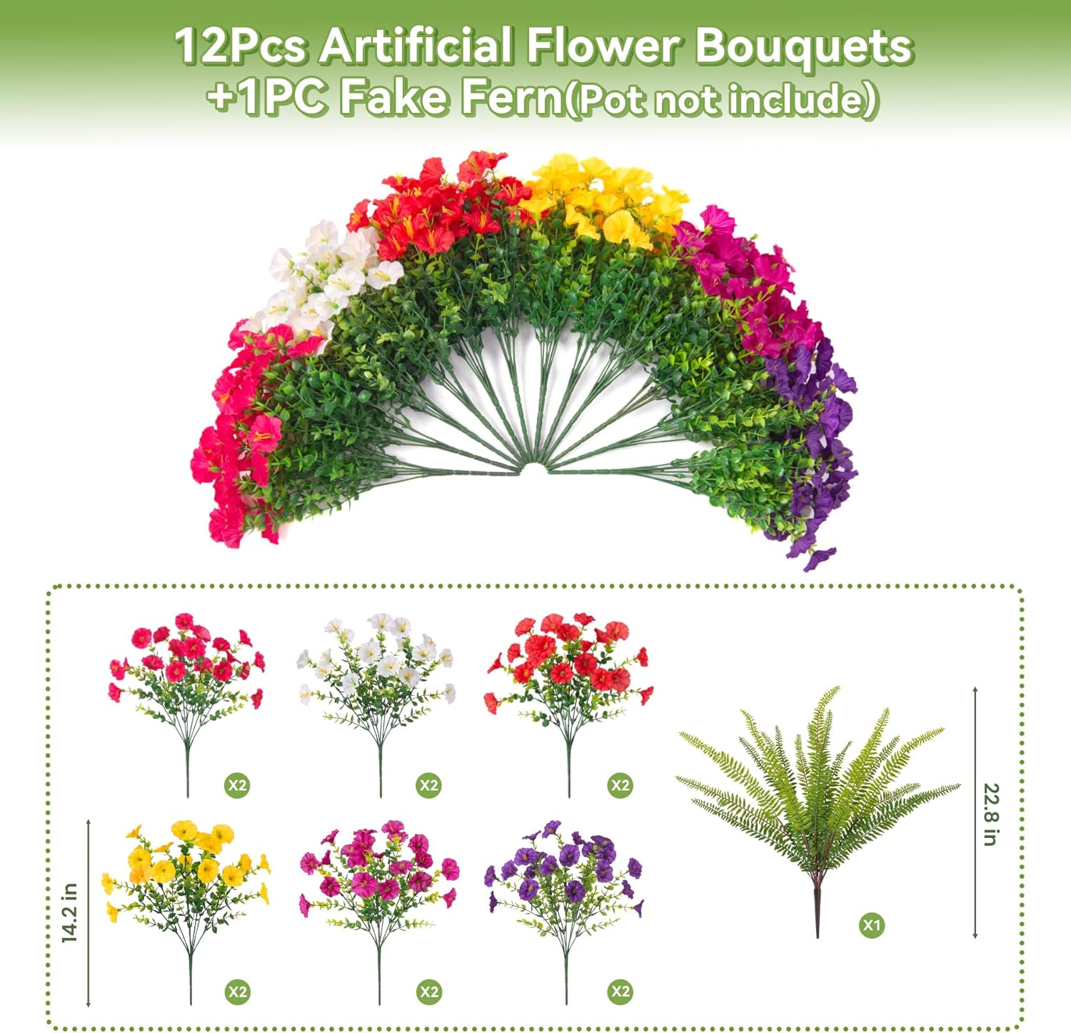 Artificial Flowers Fake Plants for Outdoors Decoration, 12 Bundles Silk Morning Glory with Boston Fern Realistic UV Resistant Faux Spring Flowers for Outside Planter Yard Patio Garden Home Indoor Urn