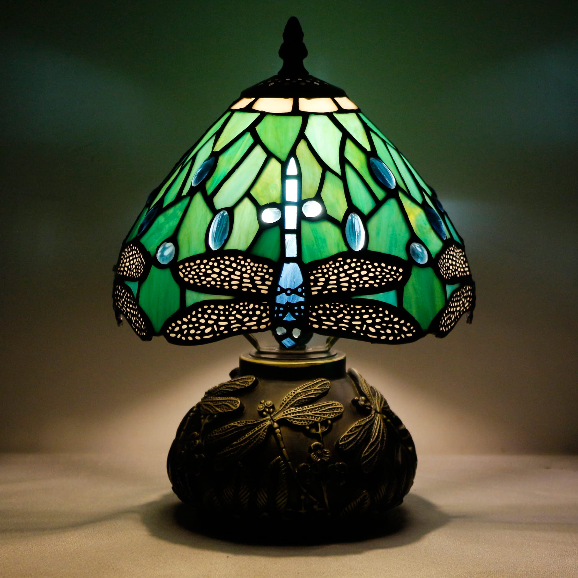 ZJART Small Tiffany Table Lamp Stained Glass 8X8X11 Inch Green Dragonfly