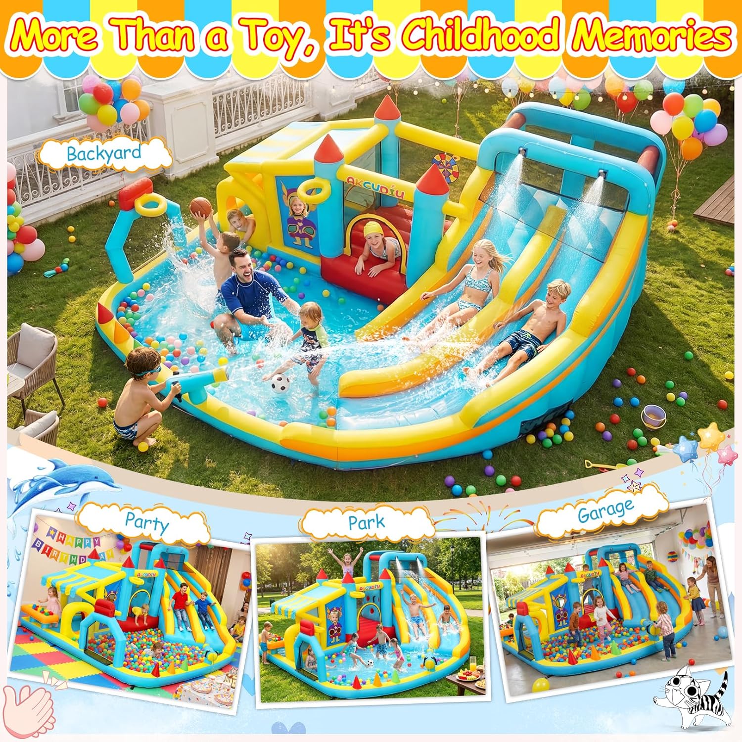 AKEYDIY 19 in 1 Inflatable Water Slide for Kids 3-12, 15.8FT Blow Up Bounce House Water Park with 2 Slides & Hoops, Pool, Soccer Gate, Shop-Stand, Water Cannon, Photography, Dart Ball Kit, Jumping
