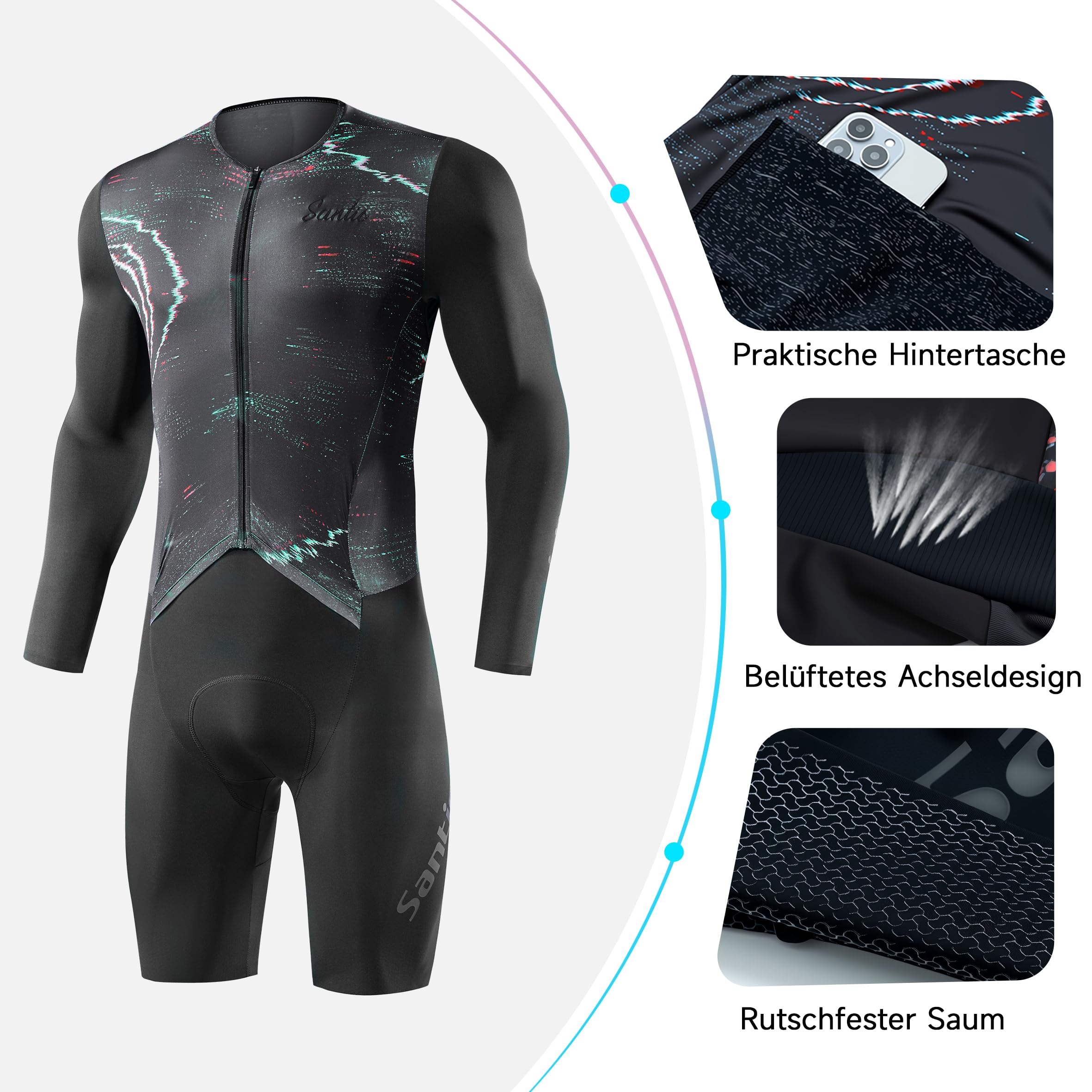 Santic Herren Triathlonanzug Einteiler Langarm Triathlon Anzug Gepolstert Trisuit Triathlon Kurz Hohe Elastizität Abnehmen Fahrrad Skinsuit