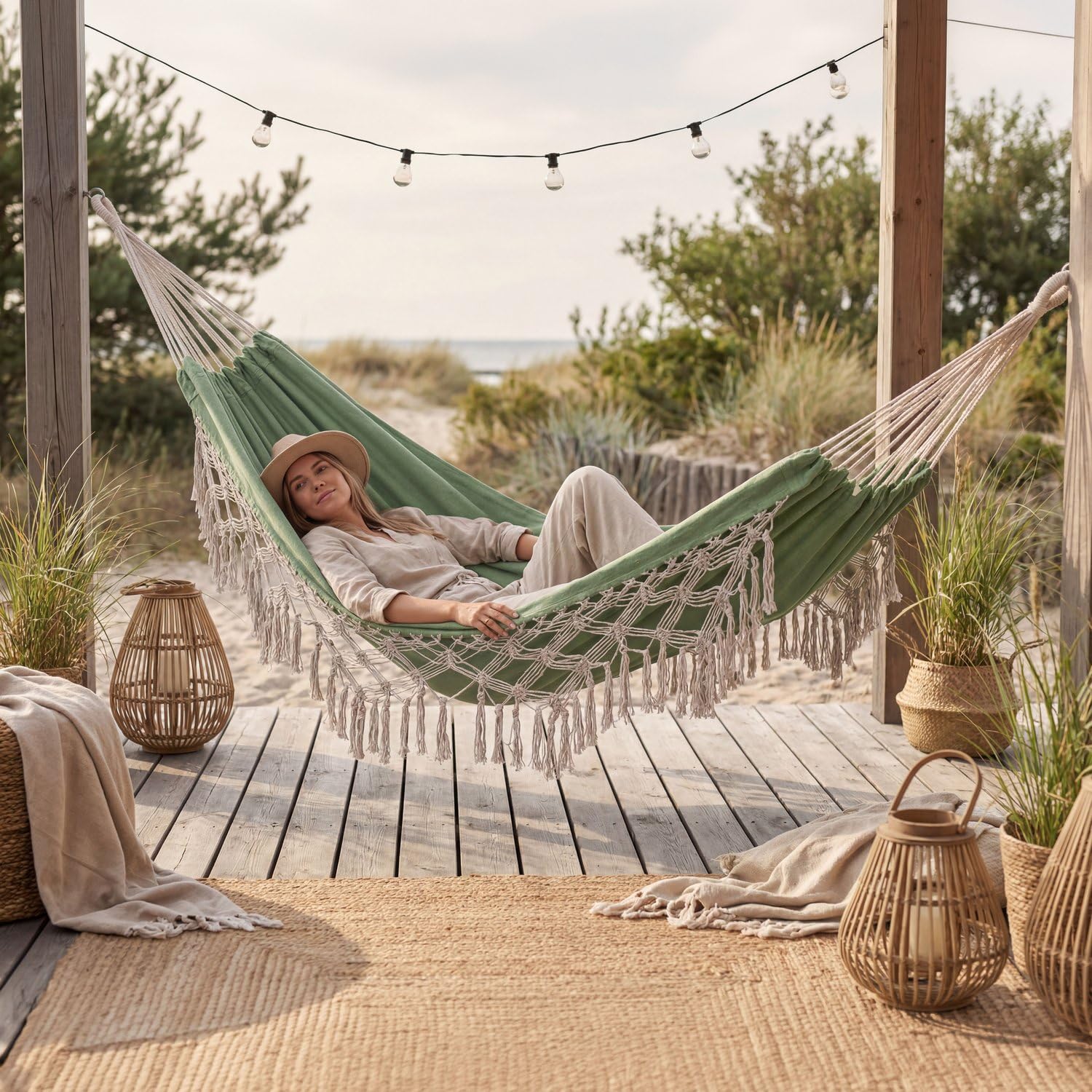 Outtec Hammock 200 x 150 cm, up to 200 kg, for 1-2 people, made of cotton, boho furniture for garden, balcony, patio, breathable for children and adults, khaki Garden
