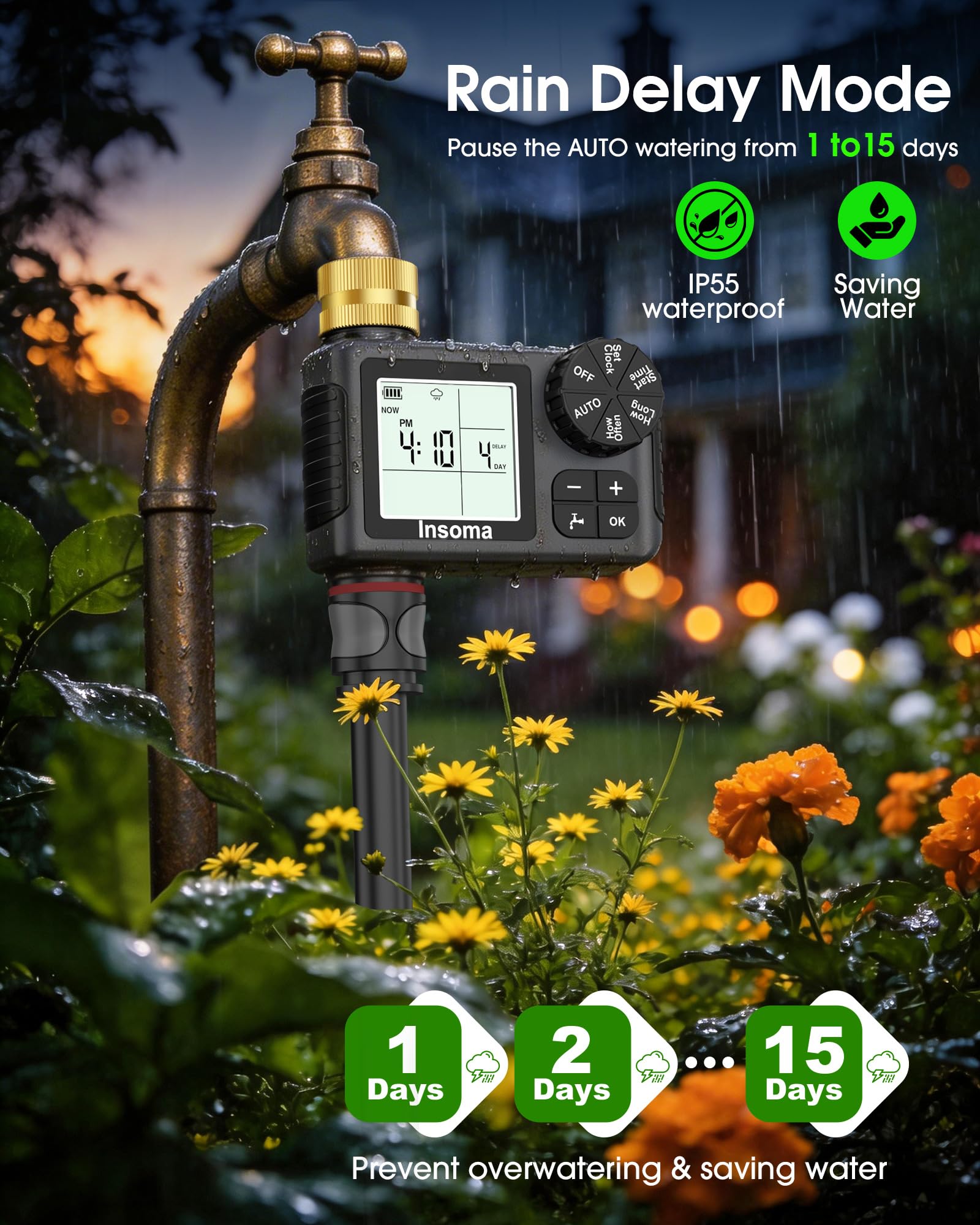 Timer irrigatore con ingresso e uscita in ottone, timer per acqua per tubo da giardino con modalità auto/manuale/ritardo pioggia, facile installazione timer per prato, giardino, irrigazione vacanze, 1