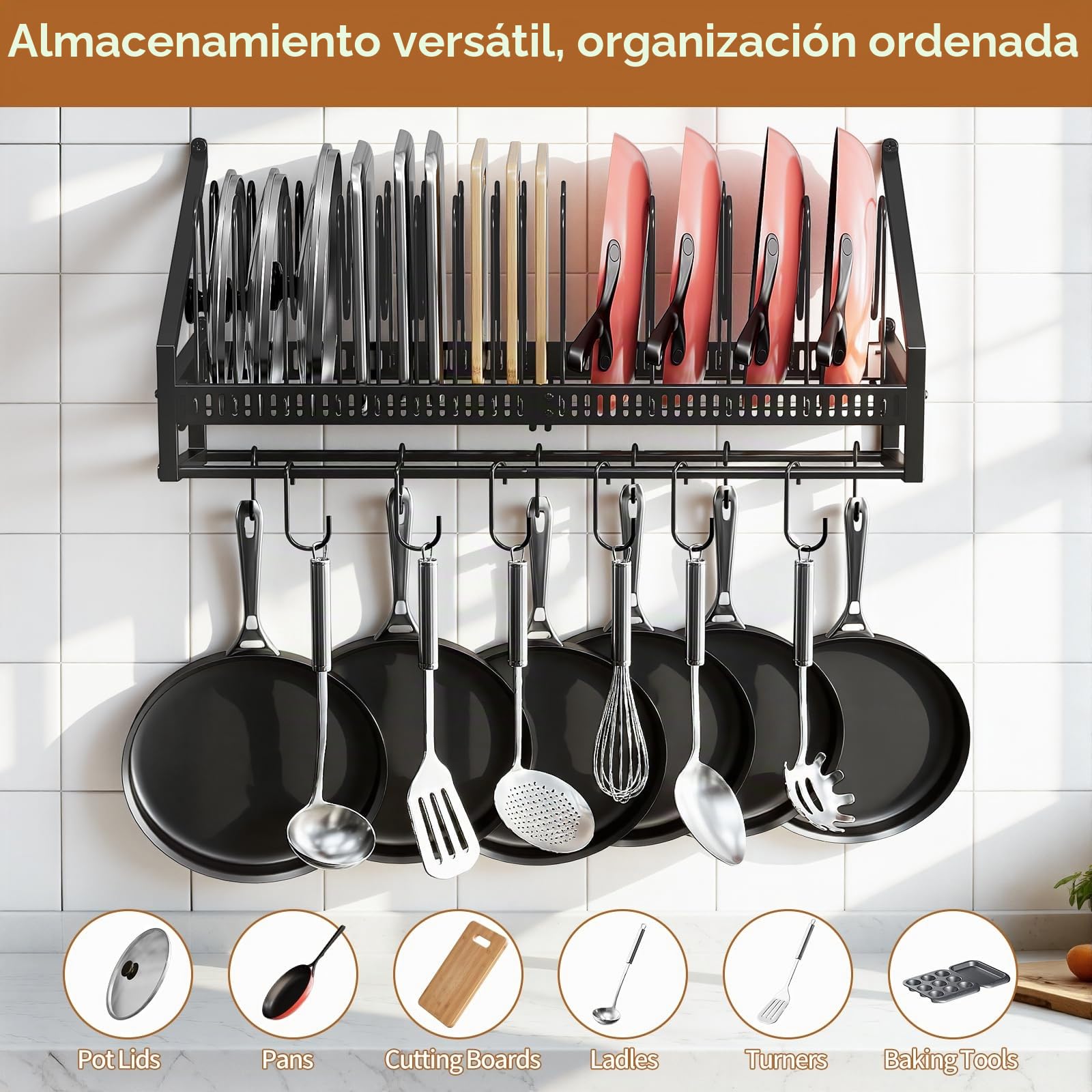 Housolution Organizador Sartenes de Pared | Soporte para sartenes colgantes con 6 Ganchos en S y 6 Ganchos Verticales