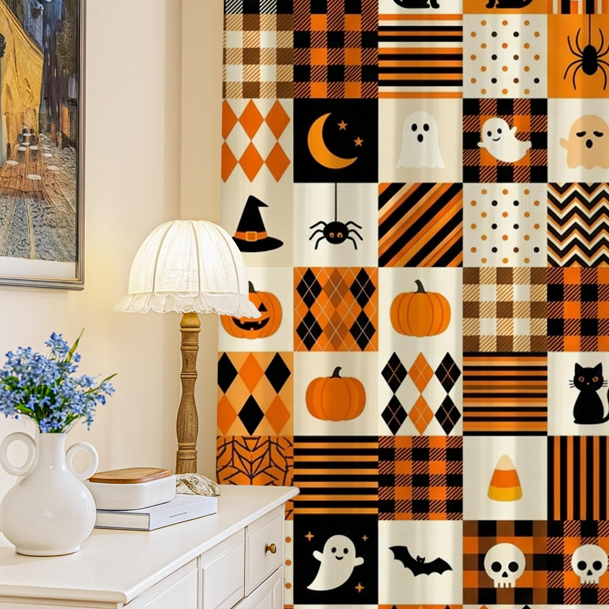 Rideaux occultants à isolation thermique orange 132x213 cm motifs fantômes