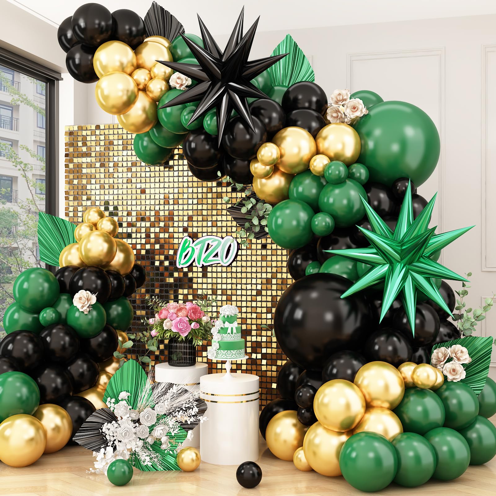 Green Black Balloon Arch Kit,Balloon Garland with Black Green Star Foil Balloons Metallic Gold Balloons for Birthday Anniversary Graduation Wedding