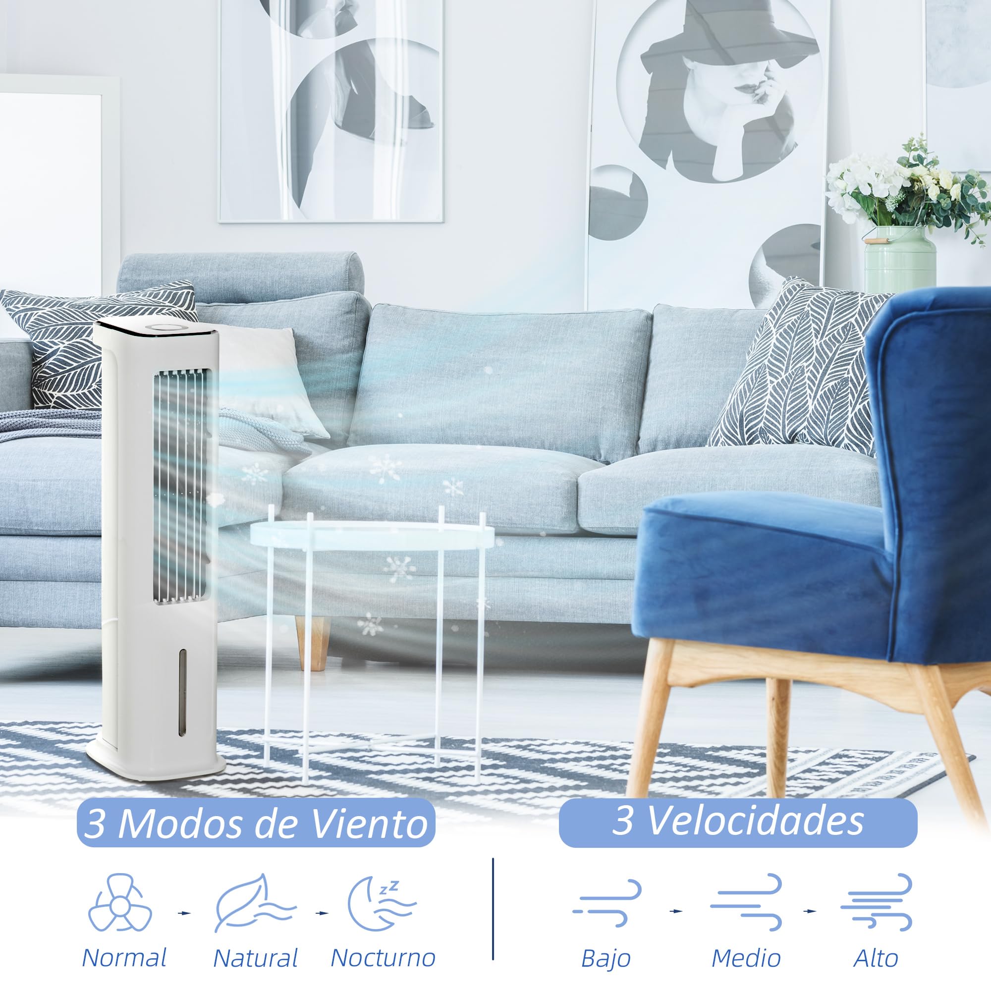 HOMCOM Climatizador Evaporativo Bajo Consumo 75W Depósito 5L Oscilante con Control Remoto 3 Modos 3 Velocidades Temporizador 12h y Pantalla LED Táctil 23x29x86 cm Blanco